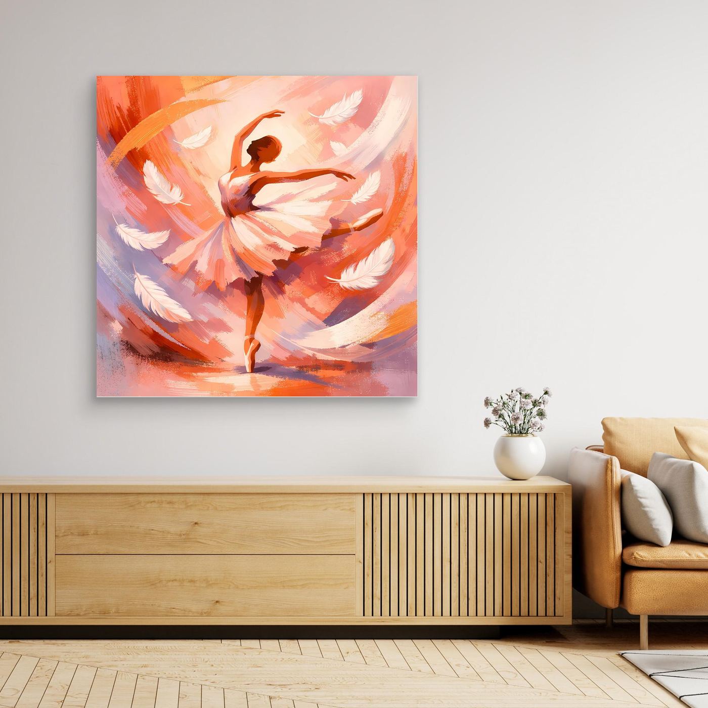 Abstraktes Leinwandbild mit Ballerina in warmen Orange- und Rosatönen, ohne Rahmen im Blick