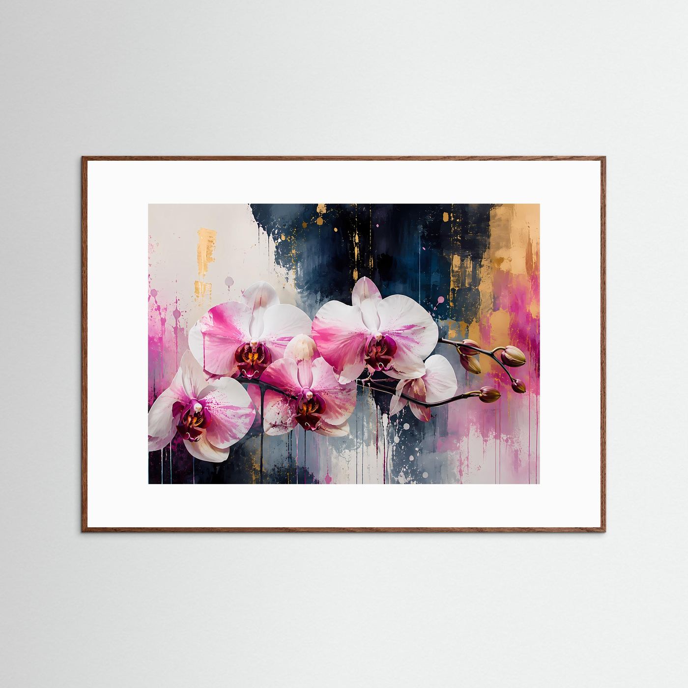 Elegante Rosa Orchideen in Gold | Modernes Florales Wandbild Querformat