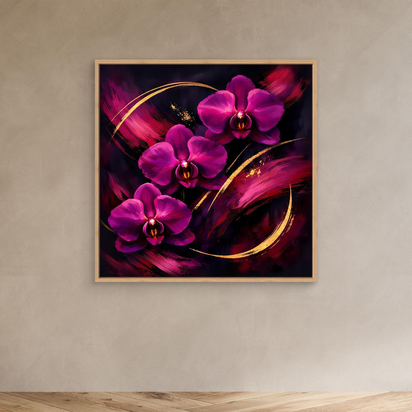 Leinwandbild mit magenta Orchideen und goldenen Linien, heller Holzrahmen