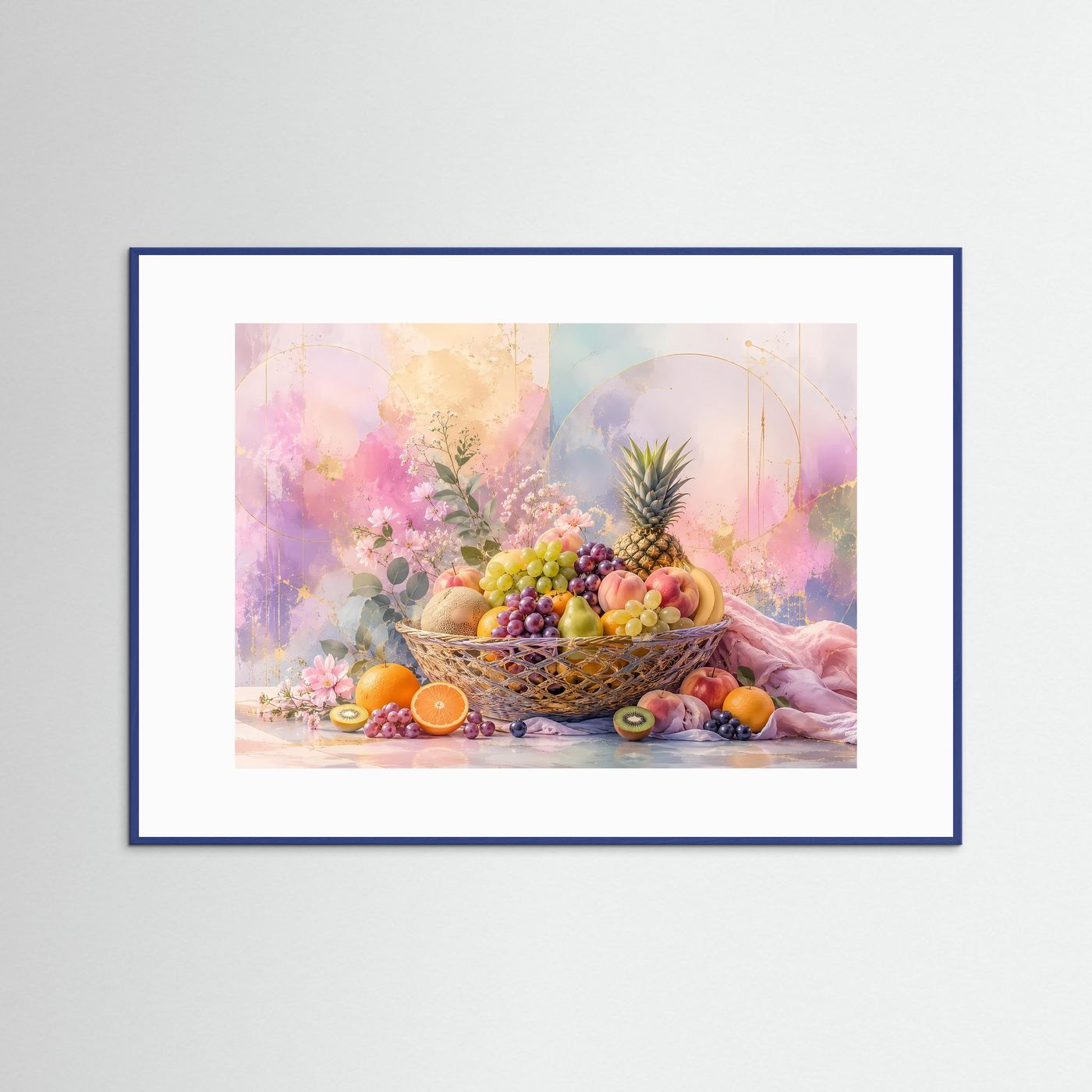 Abstrakter Obstkorb in Pastell | Elegantes Stillleben mit Früchten & Blüten