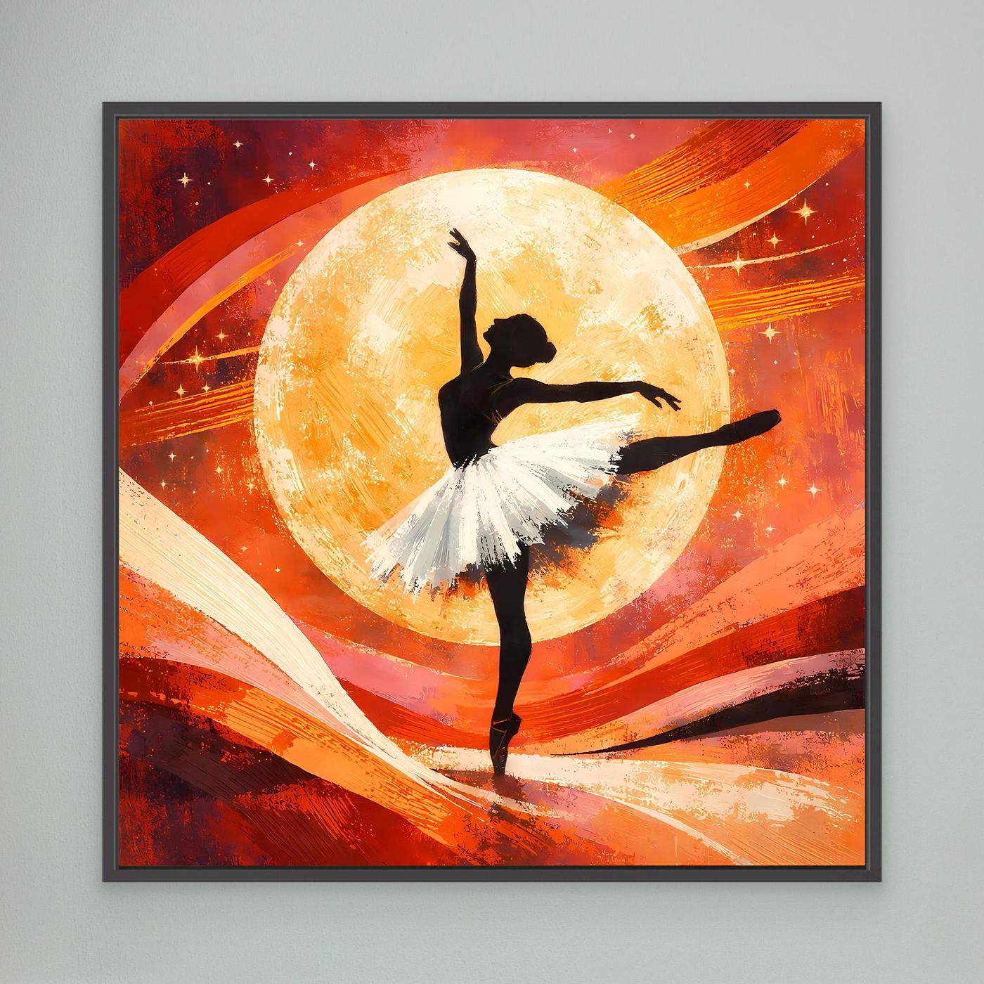 Leinwandbild mit Vollmond und schwarzer Ballerina, abstrakte Rot-Orange Strukturen, schwarzer Rahmen