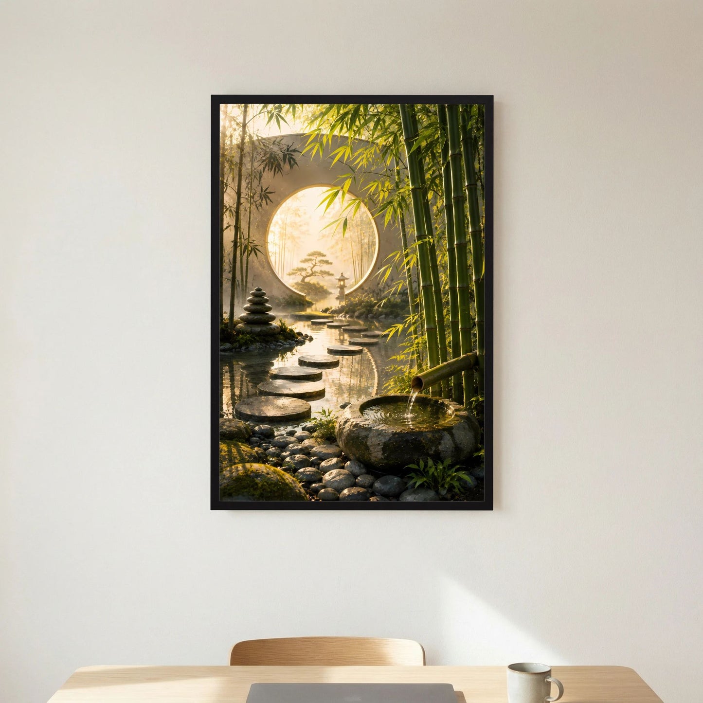Zen-Garten-Poster im Hochformat mit Bambus, Trittsteinen und rundem Mondtor, schwarzer Rahmen