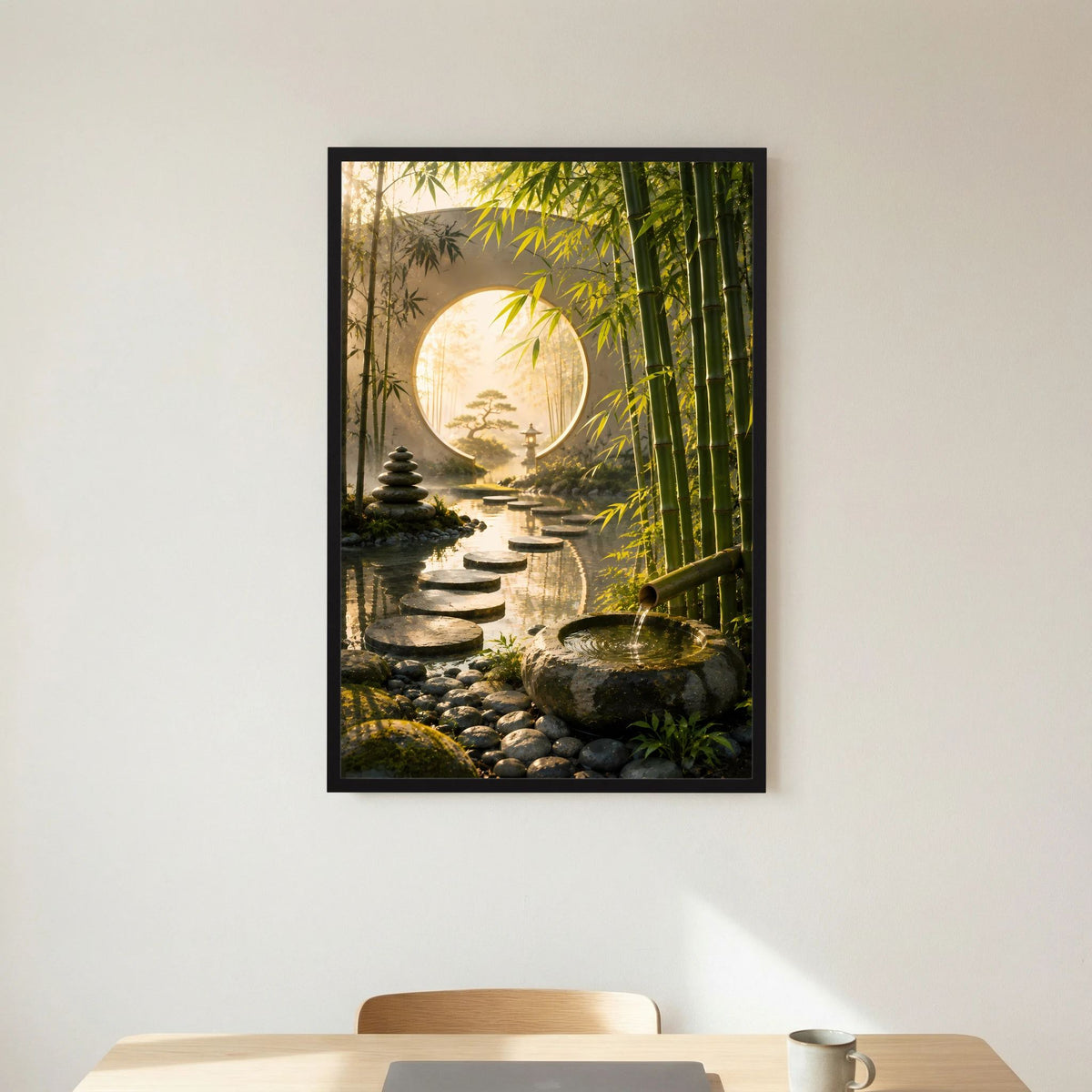 Zen-Garten-Poster im Hochformat mit Bambus, Trittsteinen und rundem Mondtor, schwarzer Rahmen