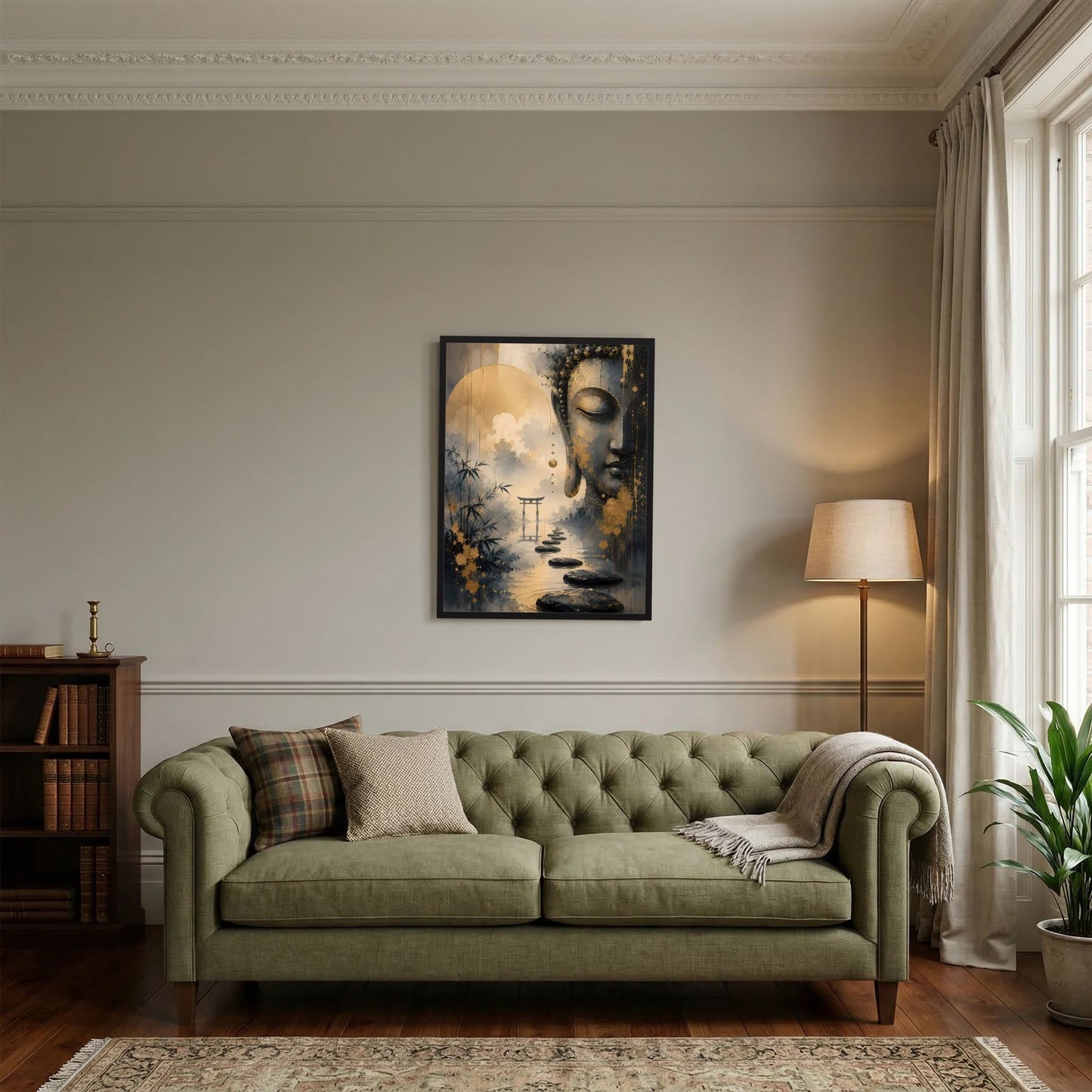 Buddha-Poster im schwarzen Rahmen mit Gold- und Schwarzmotiv, Stirn halb geschlossen
