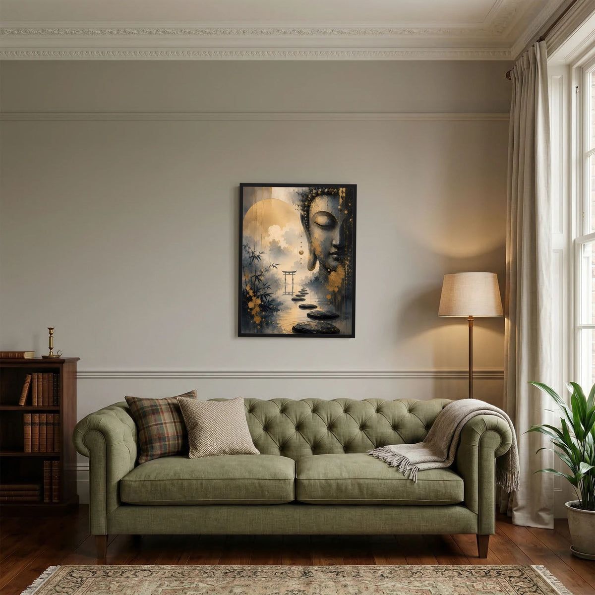 Buddha-Poster im schwarzen Rahmen mit Gold- und Schwarzmotiv, Stirn halb geschlossen