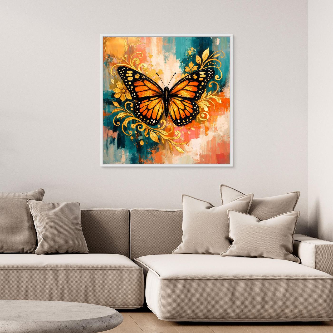 Leinwand-Wandbild mit Monarchfalter in Orange und Blau und goldenen Ornamenten