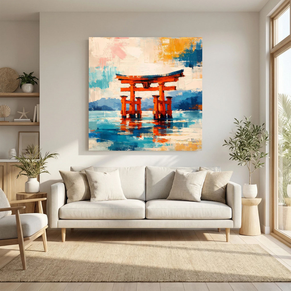 Abstraktes Wandbild mit orangefarbenem Torii-Tor über blauem Gewässer und Farbflecken