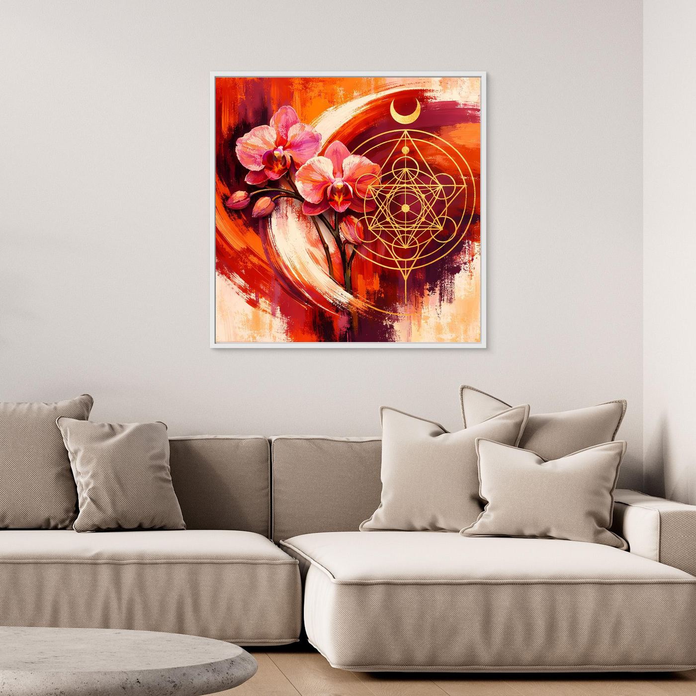 Wandbild mit Orchidee, orangeem Wirbel und goldenen Kreisen/Netzlinien der heiligen Geometrie