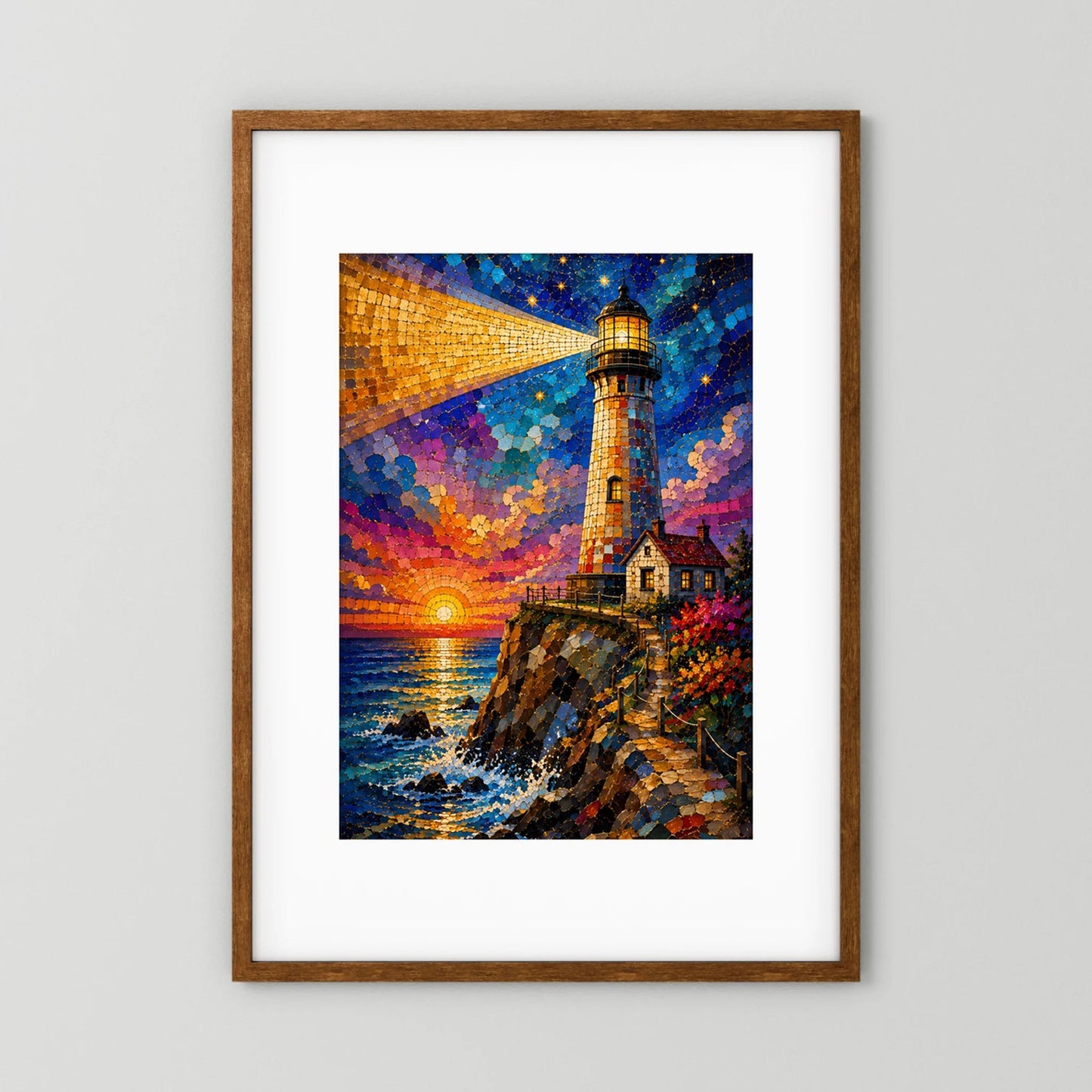 Leuchtturm im Sonnenuntergang | Farbenfrohe Mosaik Küstenkunst | Poster Hochformat