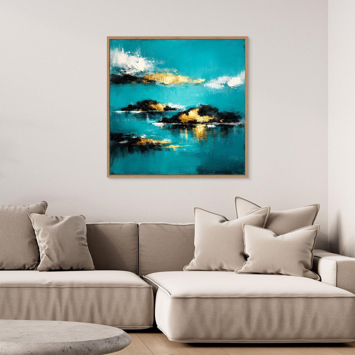 Abstraktes Wandbild mit goldfarbenem Rahmen, türkisblaues Meer mit goldenen Inseln