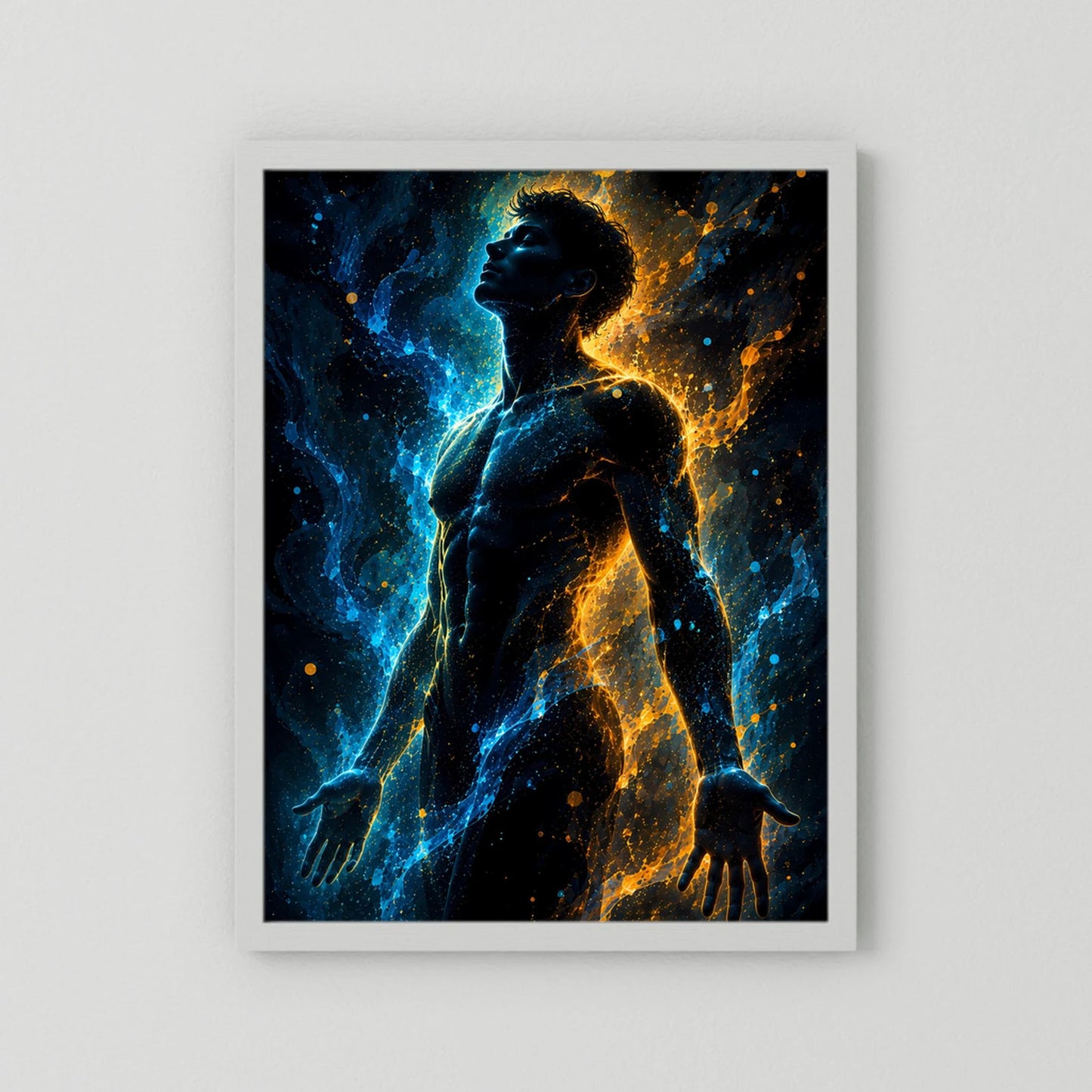 Hochformat-Poster mit männlicher Silhouette, blau-gold leuchtend, weißer Rahmen