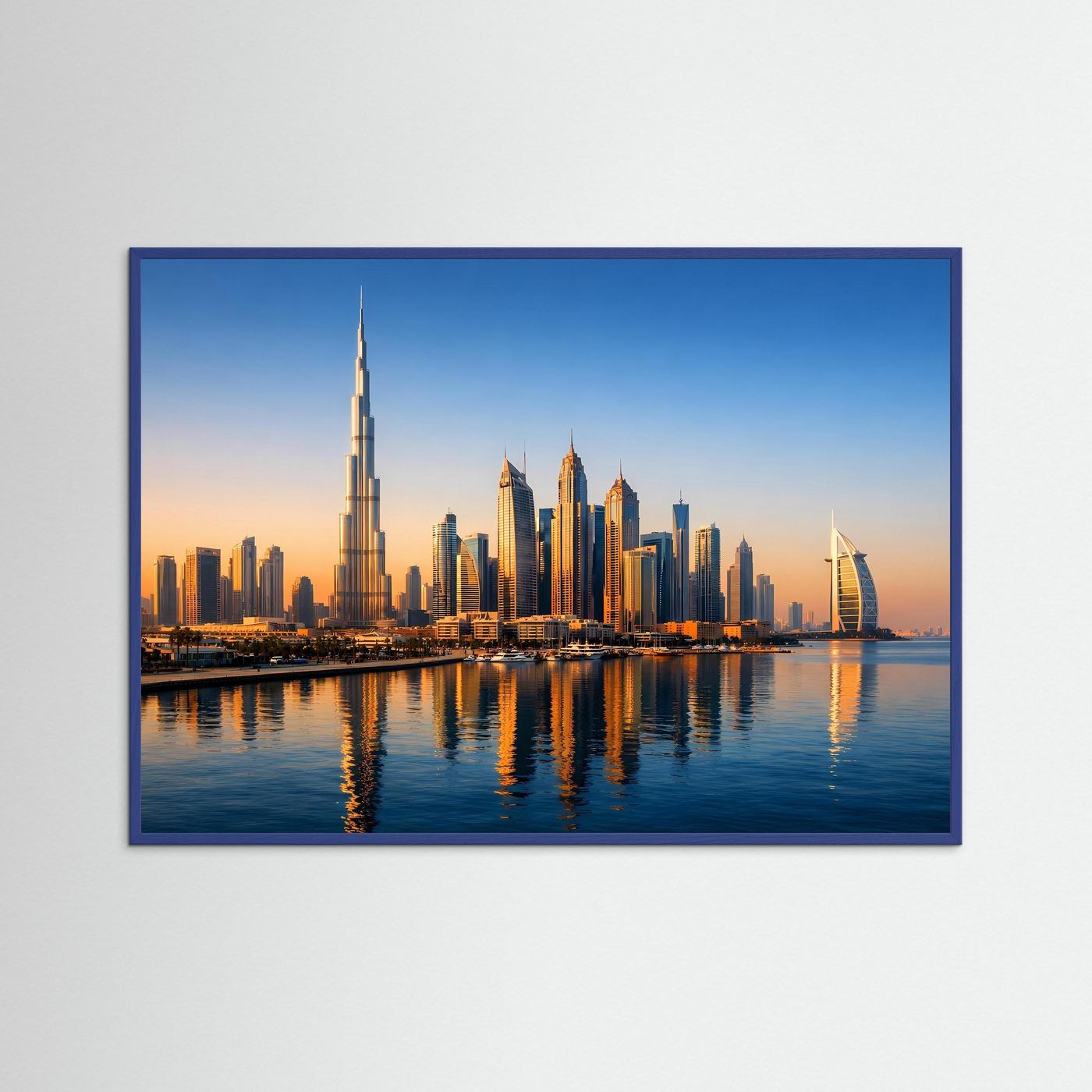 Panorama-Poster Dubai Skyline im Sonnenuntergang, blaue Einfassung