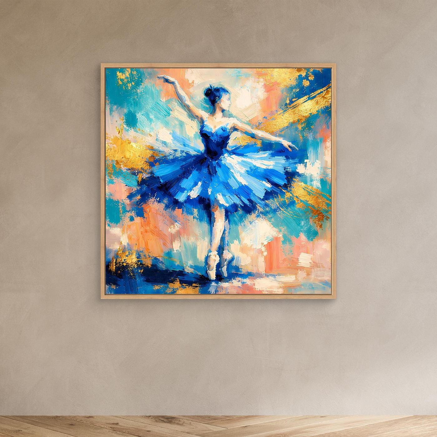 Kleines Leinwandbild Ballerina blau im abstrakten Pinselstil, mit Holzrahmen