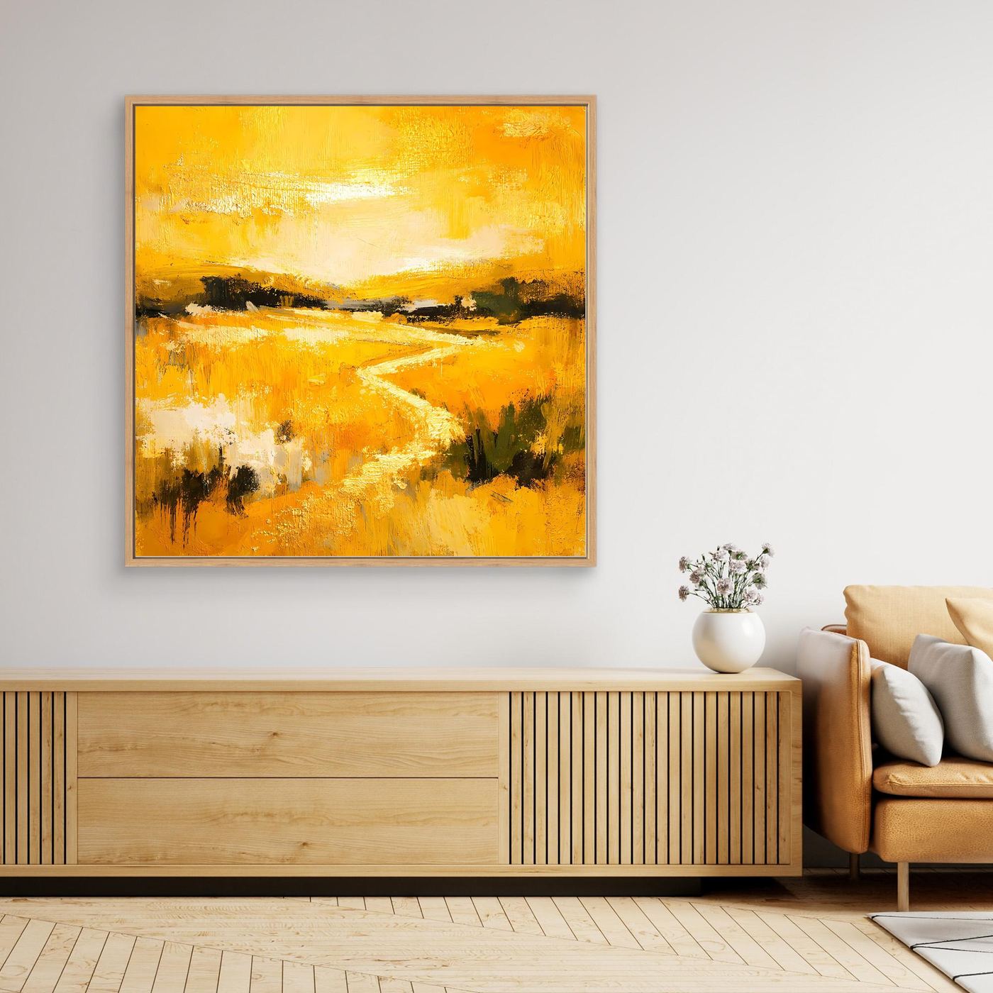 Leinwand Abstraktes Landschaftsgemälde in Gelb und Gold | Modernes Natur Wandbild mit Fluss