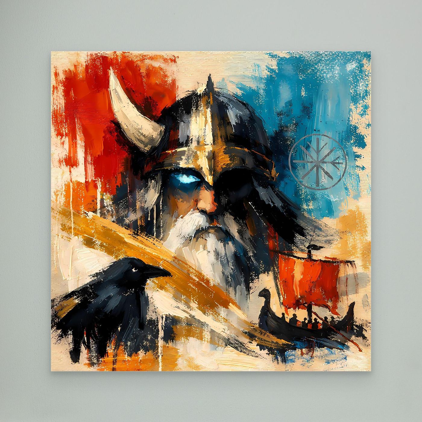Nordic abstract wall art canvas of a Viking warrior with a raven, red and blue strokes.