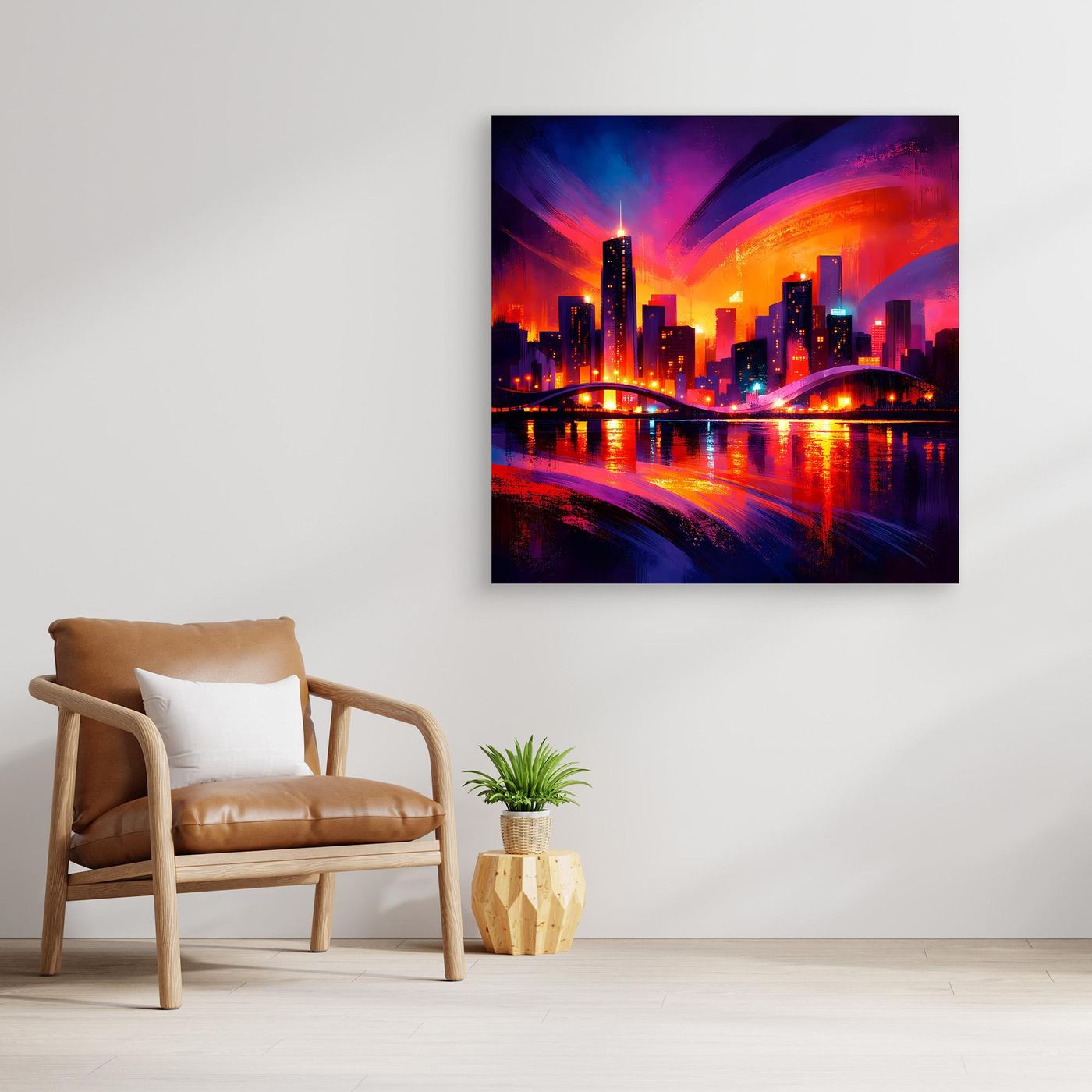Wandbild Leinwand mit Neon-Skyline bei Nacht, dunkler Rahmen