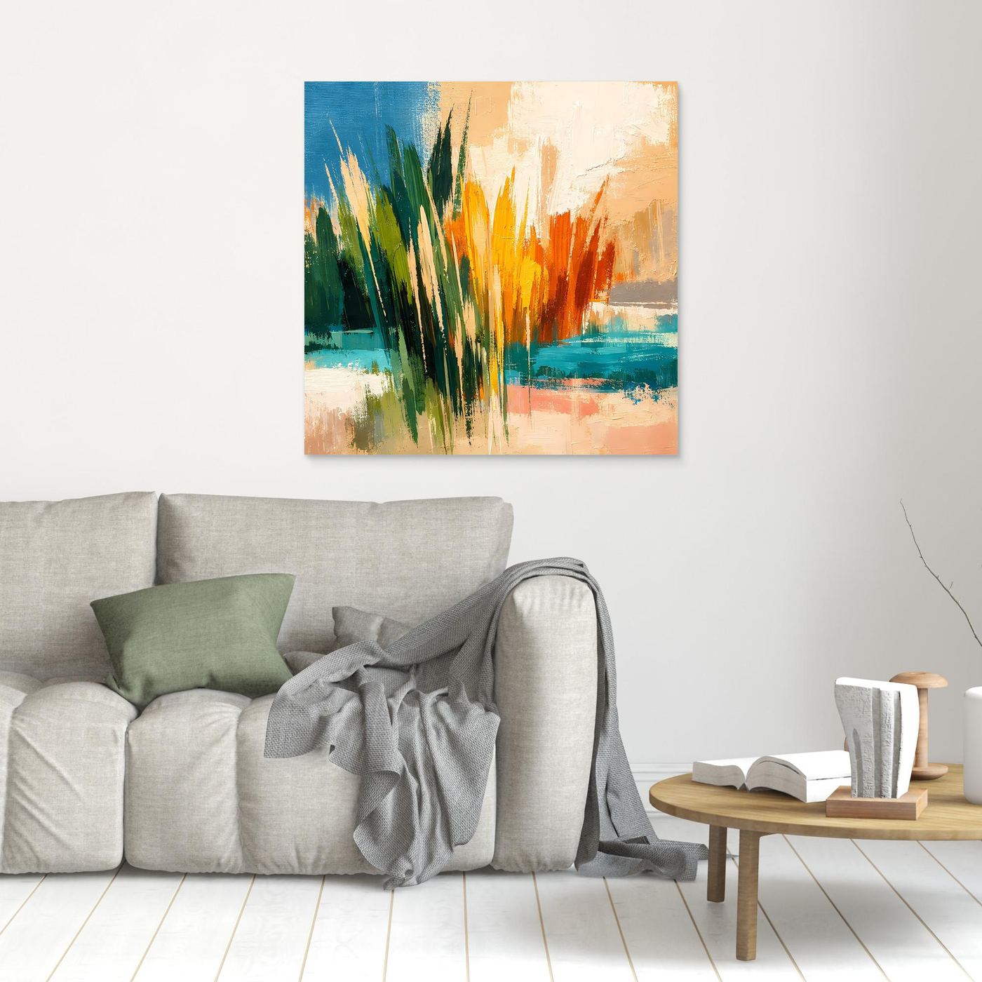 Leinwand-Wandbild mit abstraktem Schilf und See in Grün, Orange und Blau, kleiner Ausschnitt