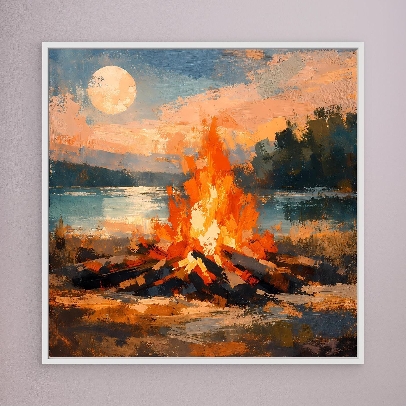 Leinwand-Wandbild mit Lagerfeuer am See, orange Flammen und runde Sonne; weißer Rahmen