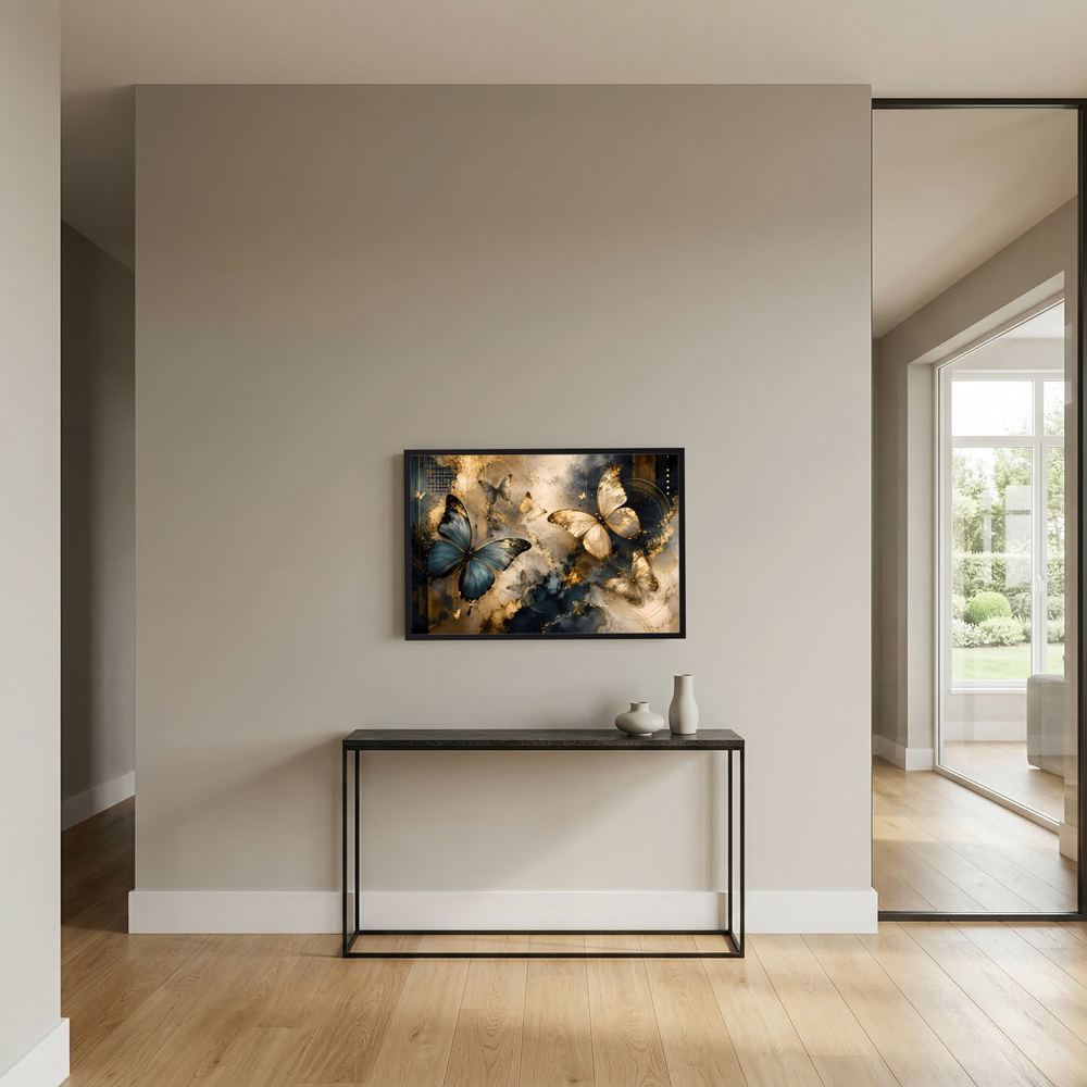 Kleines Querformat-Poster mit Schmetterlingen in Blau, Creme und Gold im schwarzen Rahmen