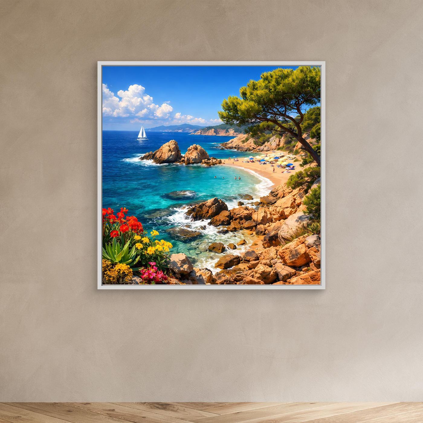 Leinwand-Wandbild mit mediterraner Küste im weißen Rahmen, türkisfarbenes Wasser und Sand