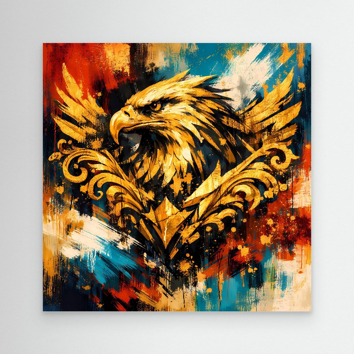 Leinwandbild mit goldenem Adler im Barock-Stil, abstraktes Farbspritzmotiv, ohne Rahmen