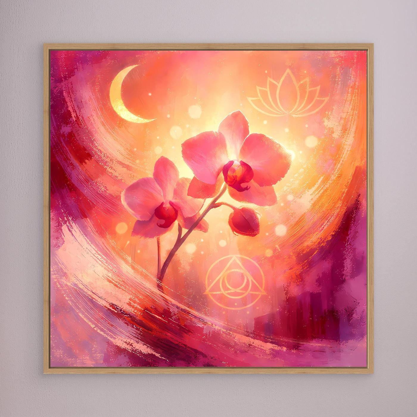 Wandbild mit abstrakten Orchideen, Mondsichel und Lotus-Symbolen, im Holzrahmen