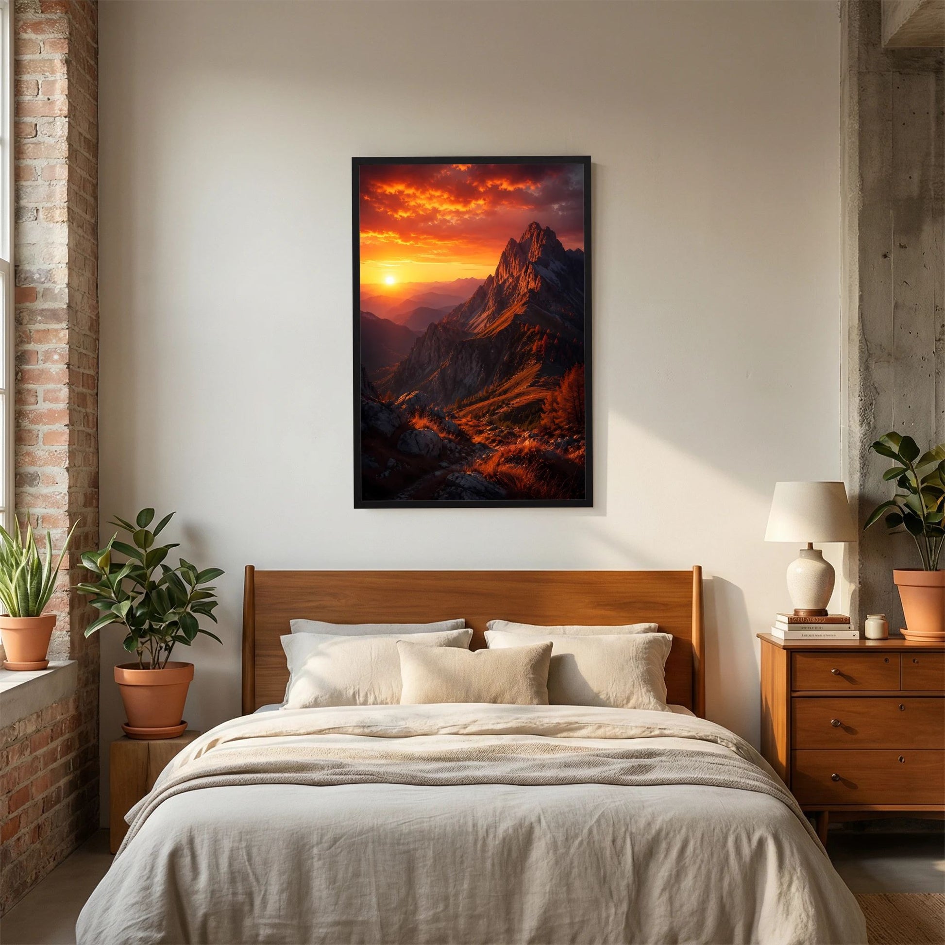 Poster im Hochformat mit Berglandschaft im Sonnenuntergang, orangefarbene Gipfel, schwarzer Rahmen