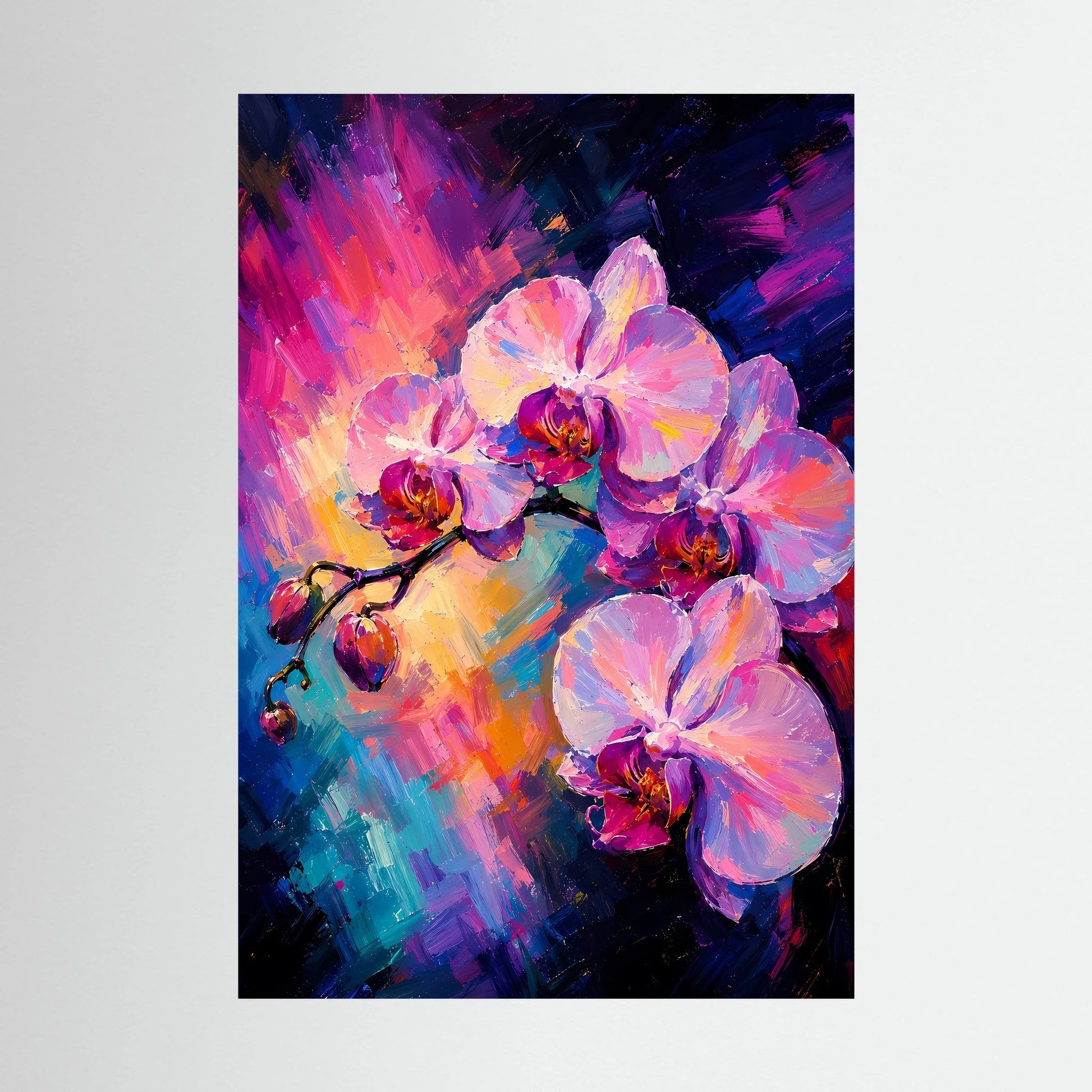 Kunstposter im Hochformat mit abstrakten rosa Orchideenblüten und kräftigen Farbwirbeln