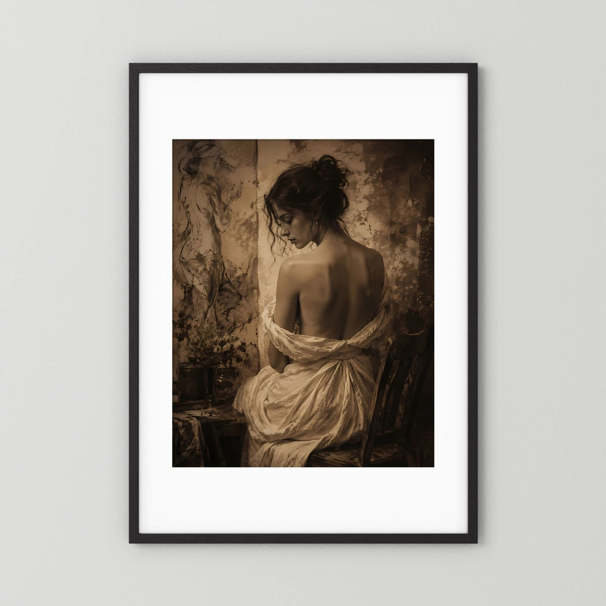 Kunstposter mit Sepia-Porträt einer Frau, schwarzer Rahmen, mit weißem Passepartout