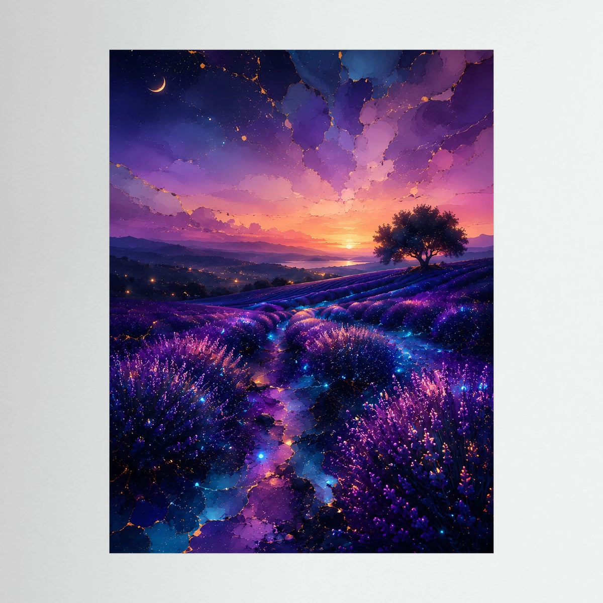 Nahaufnahme Poster mit Lavendelfeld und Sonnenuntergang in Lila und Blau, dunkler Rahmen.
