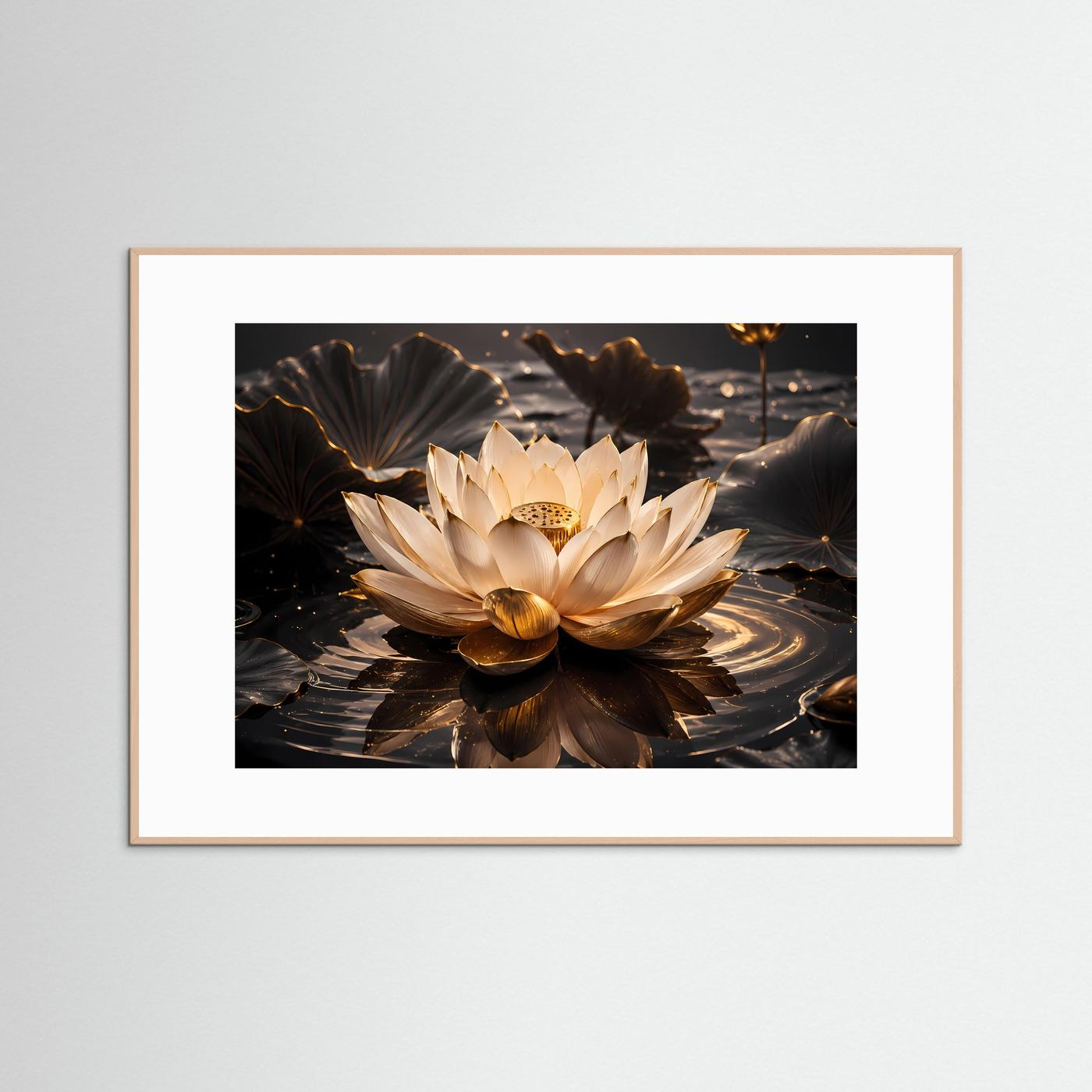 Edle Lotosblüte im goldenen Wasser | Spirituelle Kunst & Zen Poster Querformat