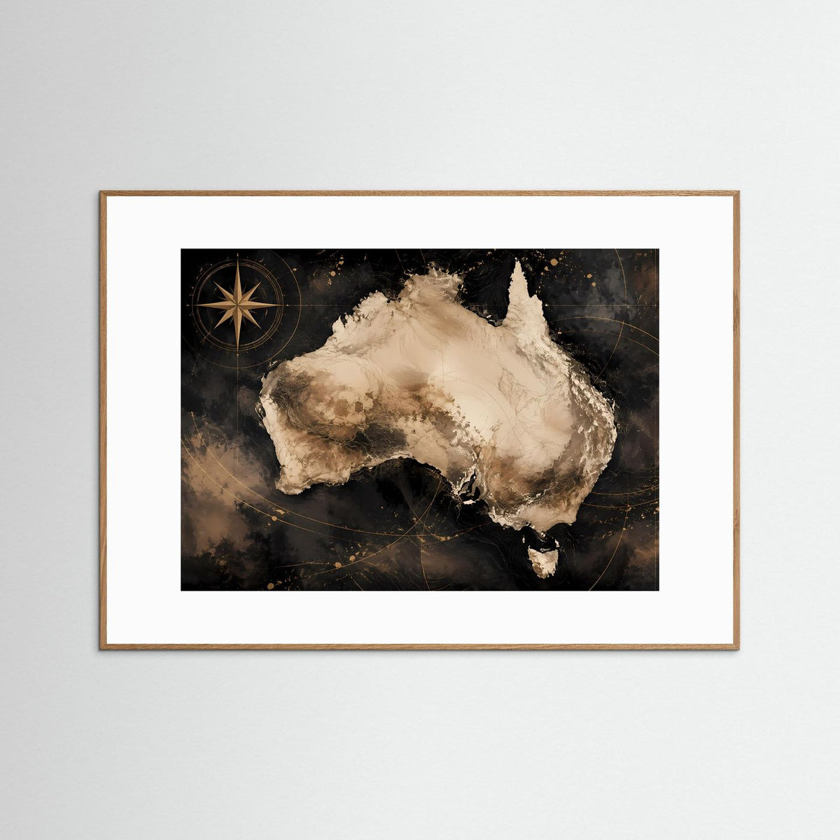 Poster mit Australienkarte: Schwarz, Golddetails und Kompassstern im braunen Rahmen