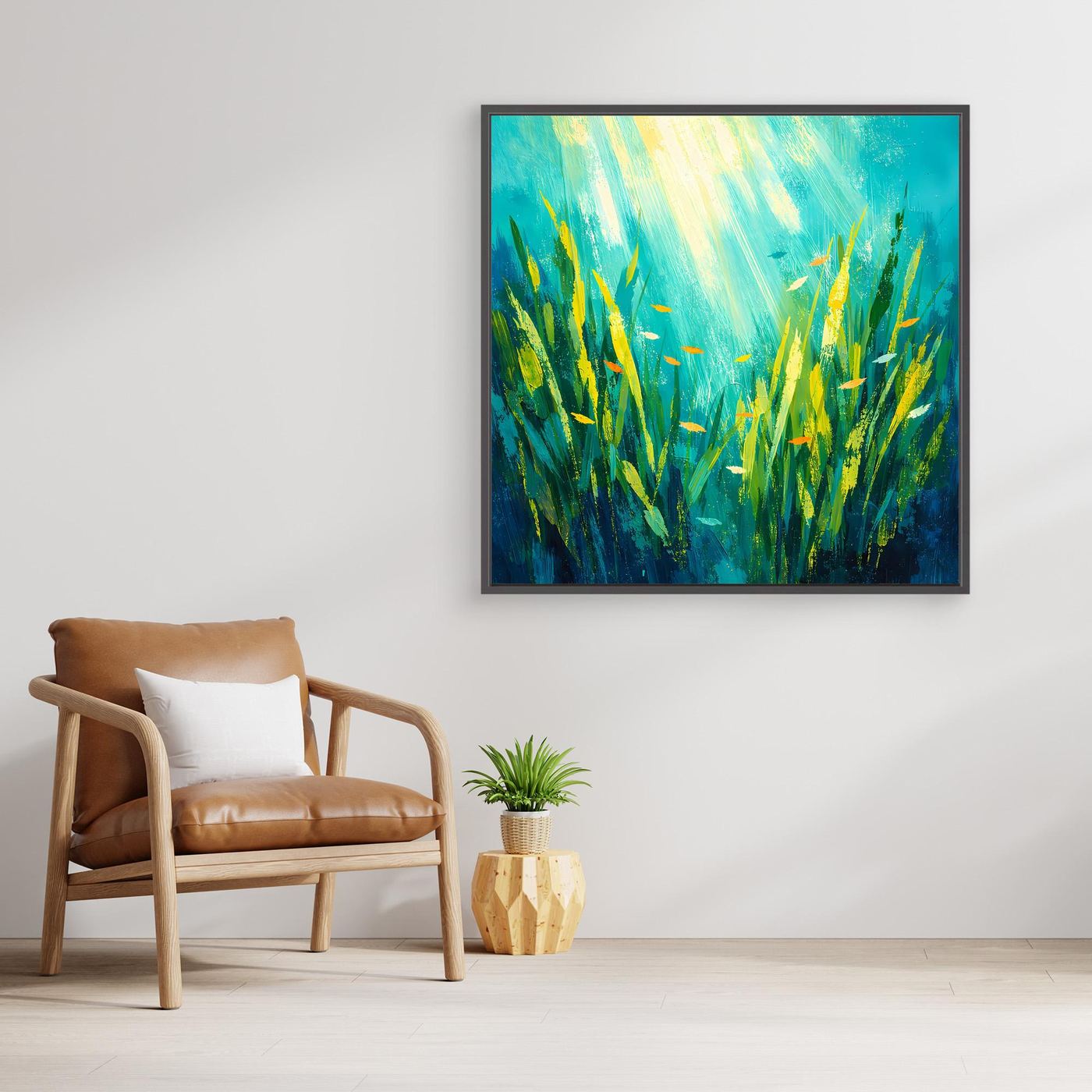 Leinwand Lichtdurchfluteter Algenwald unter Wasser | Abstraktes Ozean Wandbild