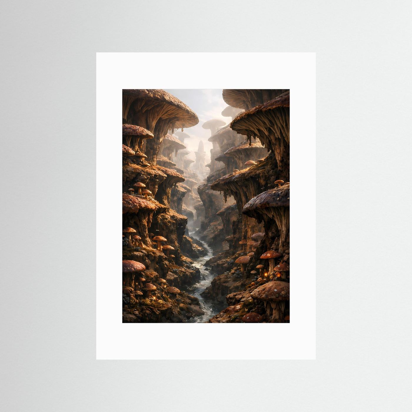 Fantasy-Poster mit weißem Passepartout, Pilzfelsen-Tal und schmalem Flusslauf, Hochformat