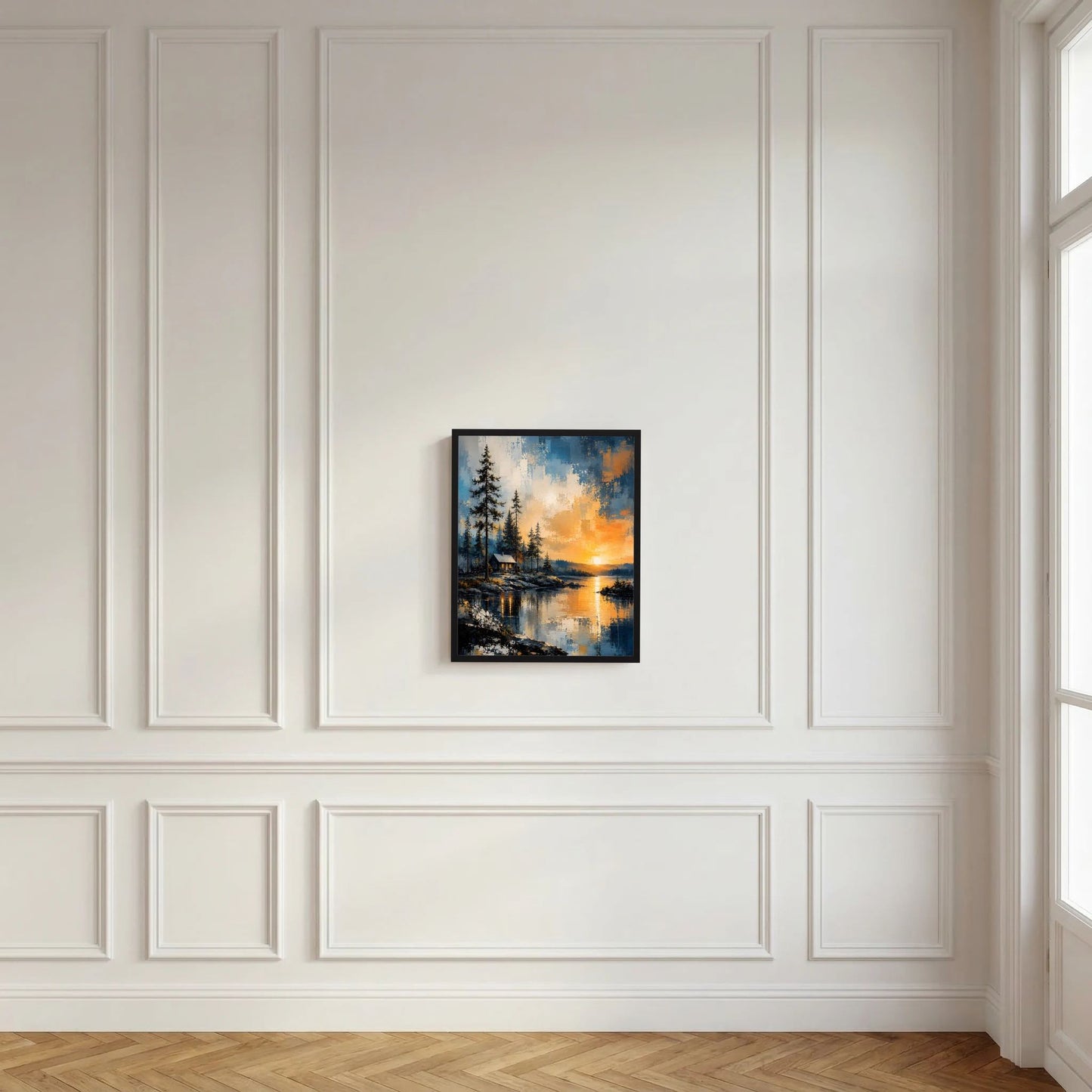 Wandbild mit schwarzem Rahmen: Waldsilhouette, Hütte am See und orange Sonne