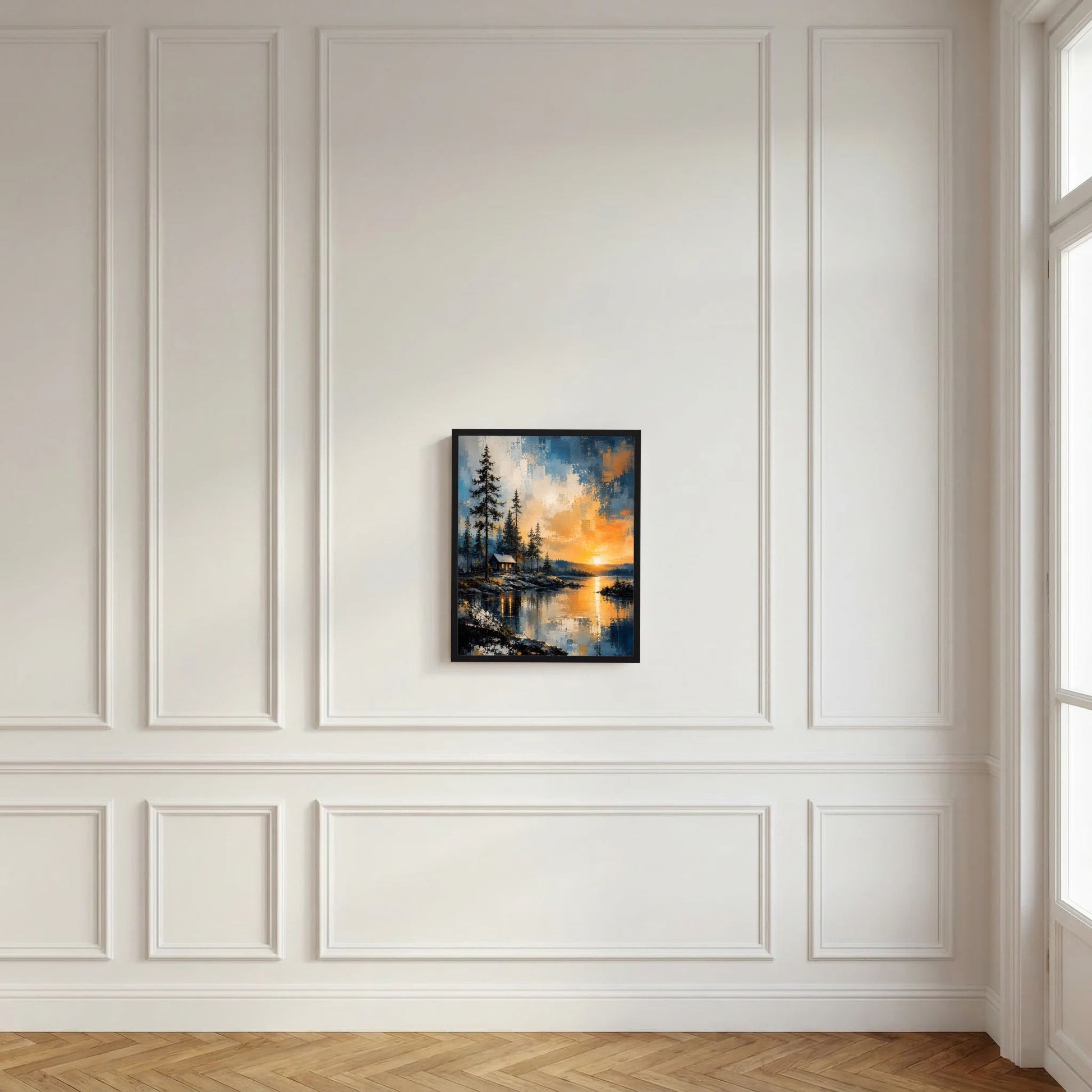 Wandbild mit schwarzem Rahmen: Waldsilhouette, Hütte am See und orange Sonne