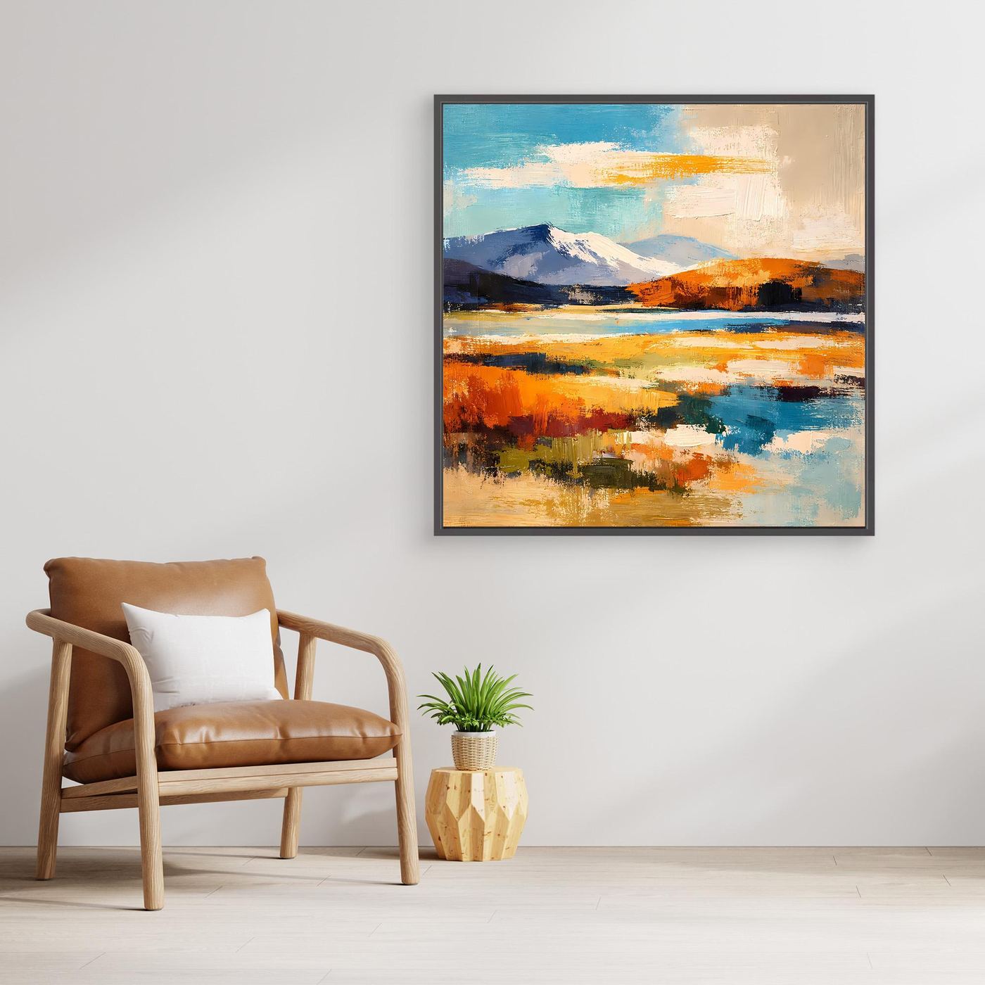 Leinwandbild mit abstrakter Berg- und Wasserlandschaft, schwarz gerahmt