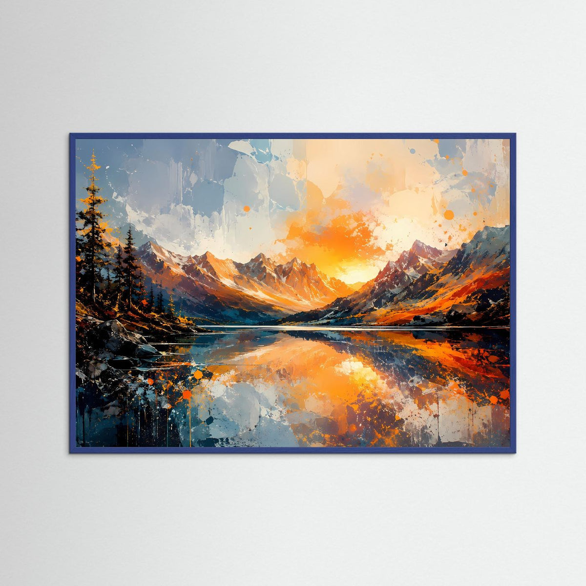 Abstraktes Wandbild mit blauem Rahmen: Berge und Bergsee, Sonnenuntergang in Orange/Blau