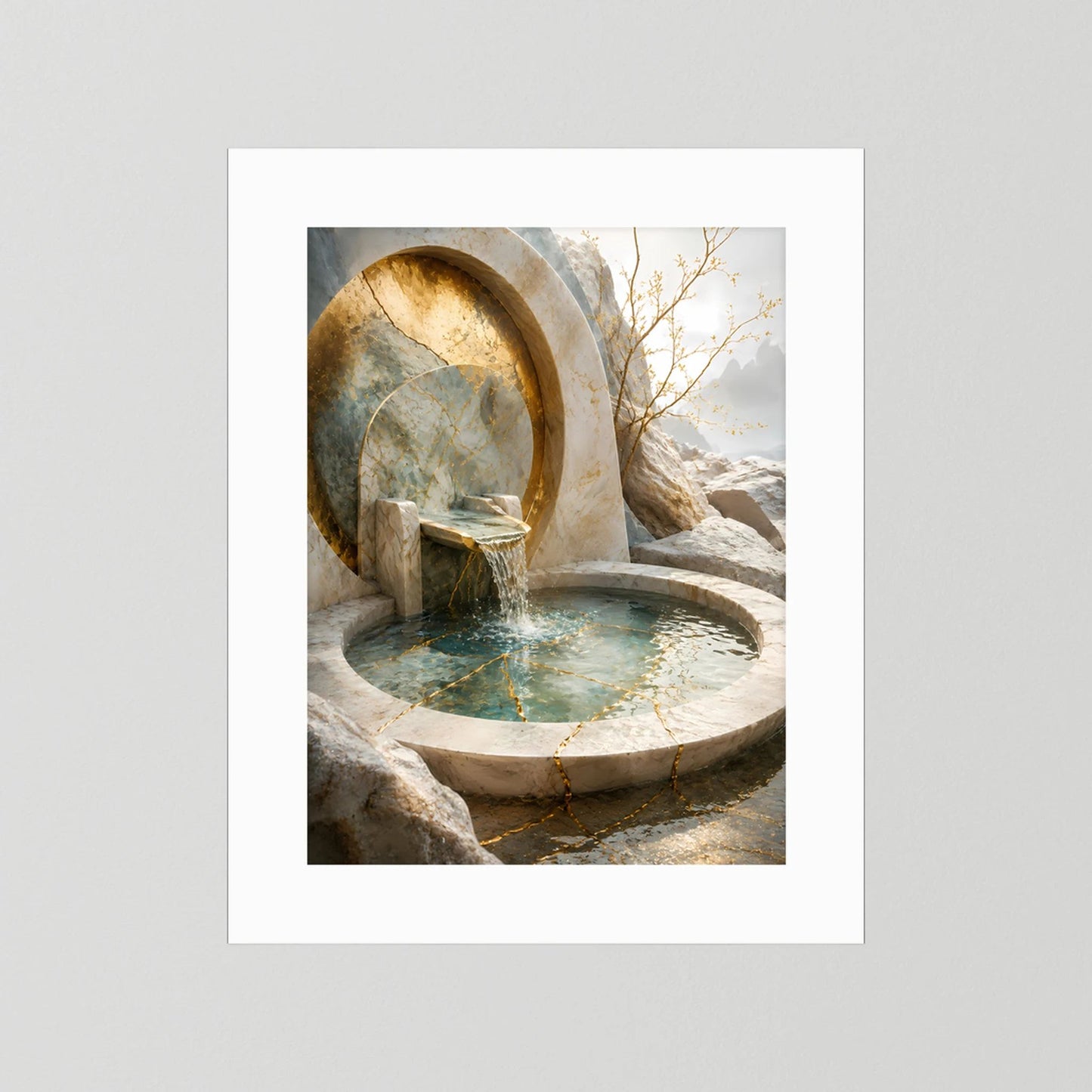 Hochformat-Poster mit weißem Rand: Brunnen in Stein, goldener Bogen und türkisfarbenes Becken