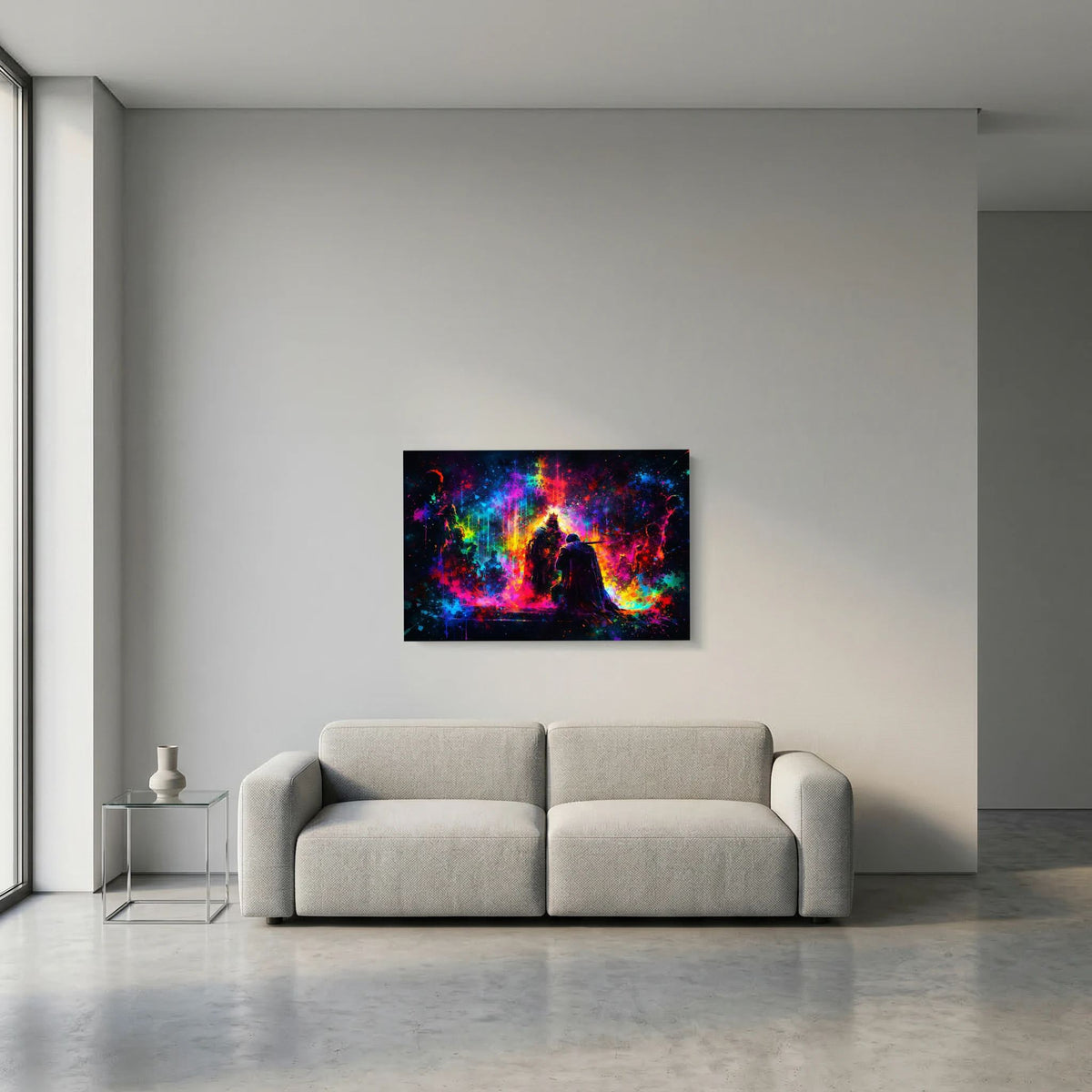 Wandbild mit schwarzem Rahmen, Königssilhouette im farbenfrohen Lichtspektrum, klein