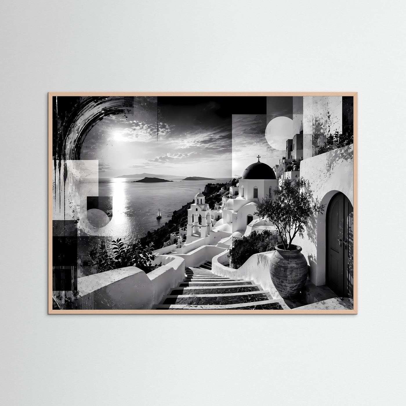 Santorini in Schwarz-Weiß | Abstrakte Griechenland Wandkunst mit Meerblick