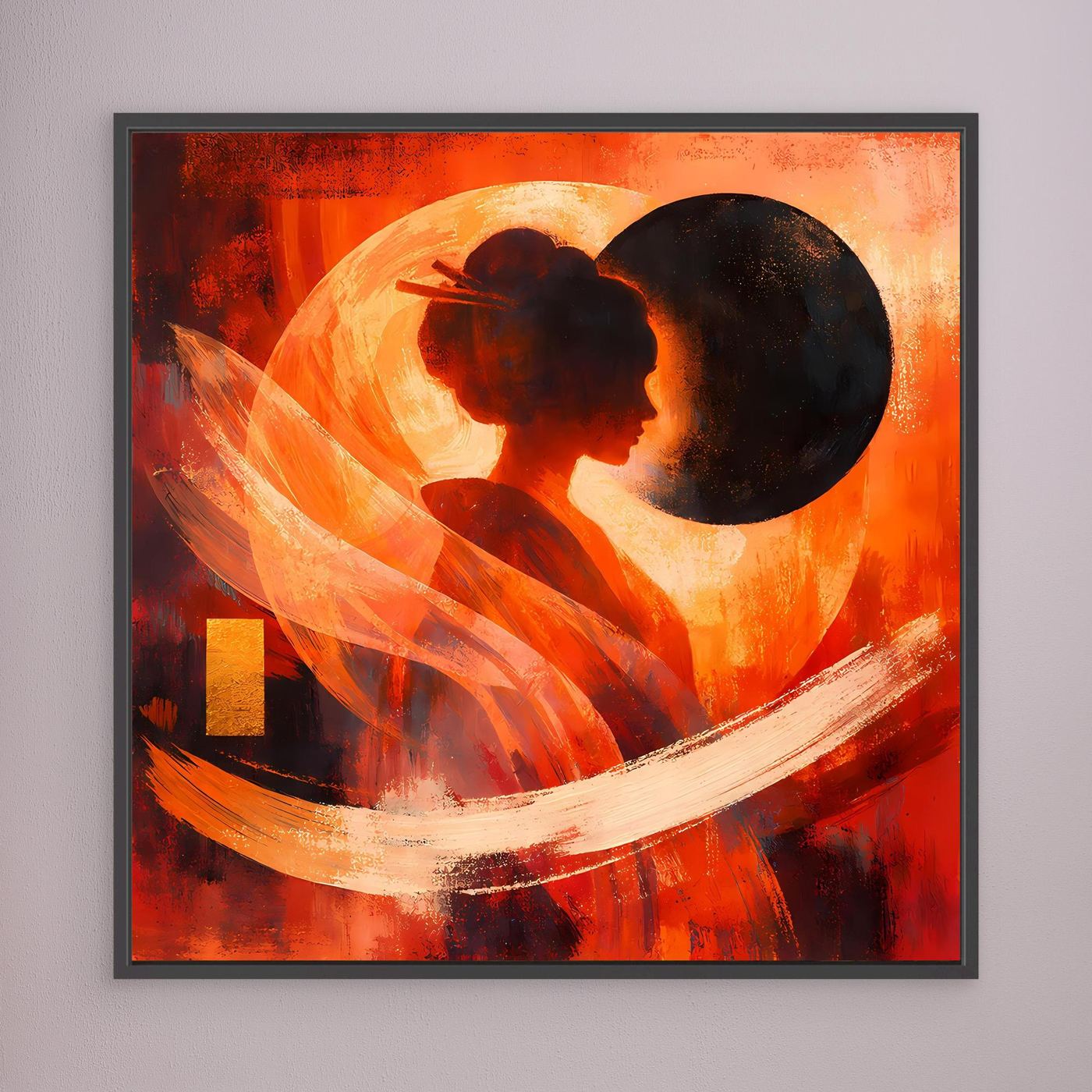 Abstraktes Leinwand-Wandbild mit Geisha-Silhouette im dunklen Rahmen