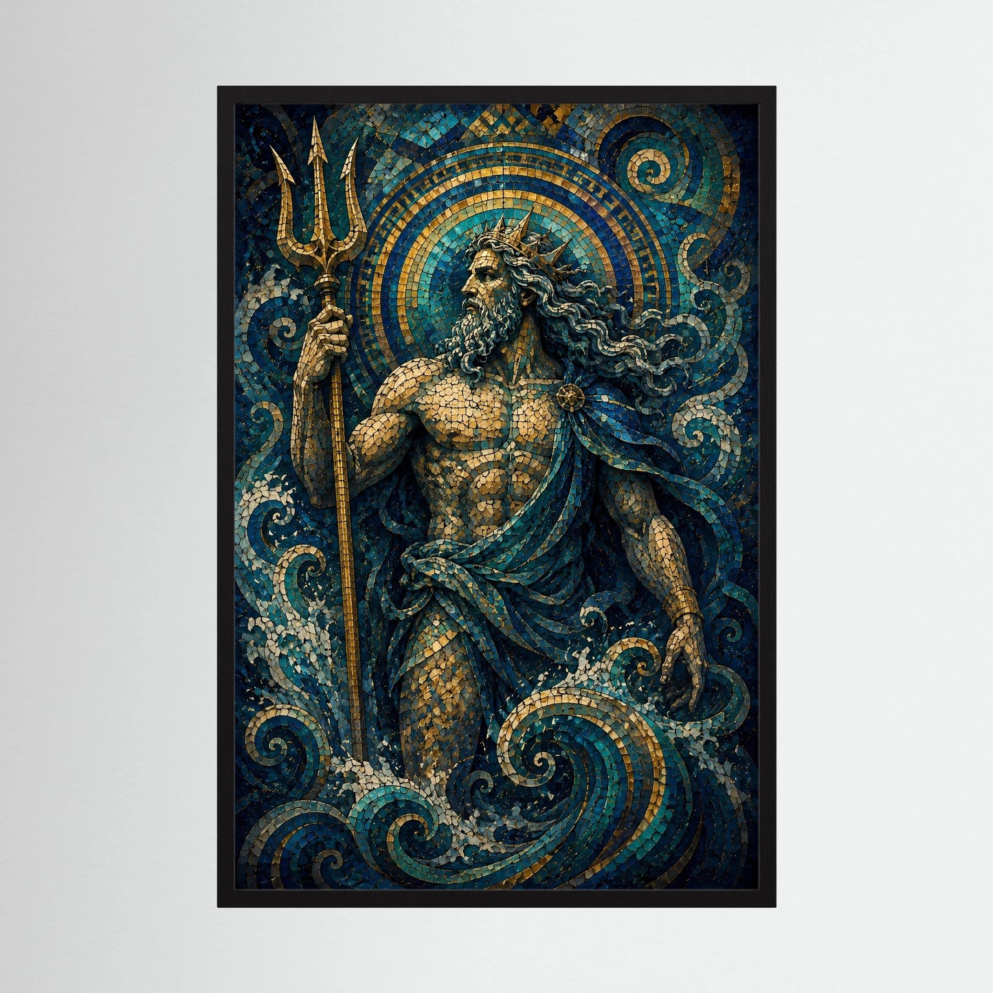 Poster im schwarzen Rahmen mit Poseidon-Mosaikmotiv, goldener Dreizackhaltung