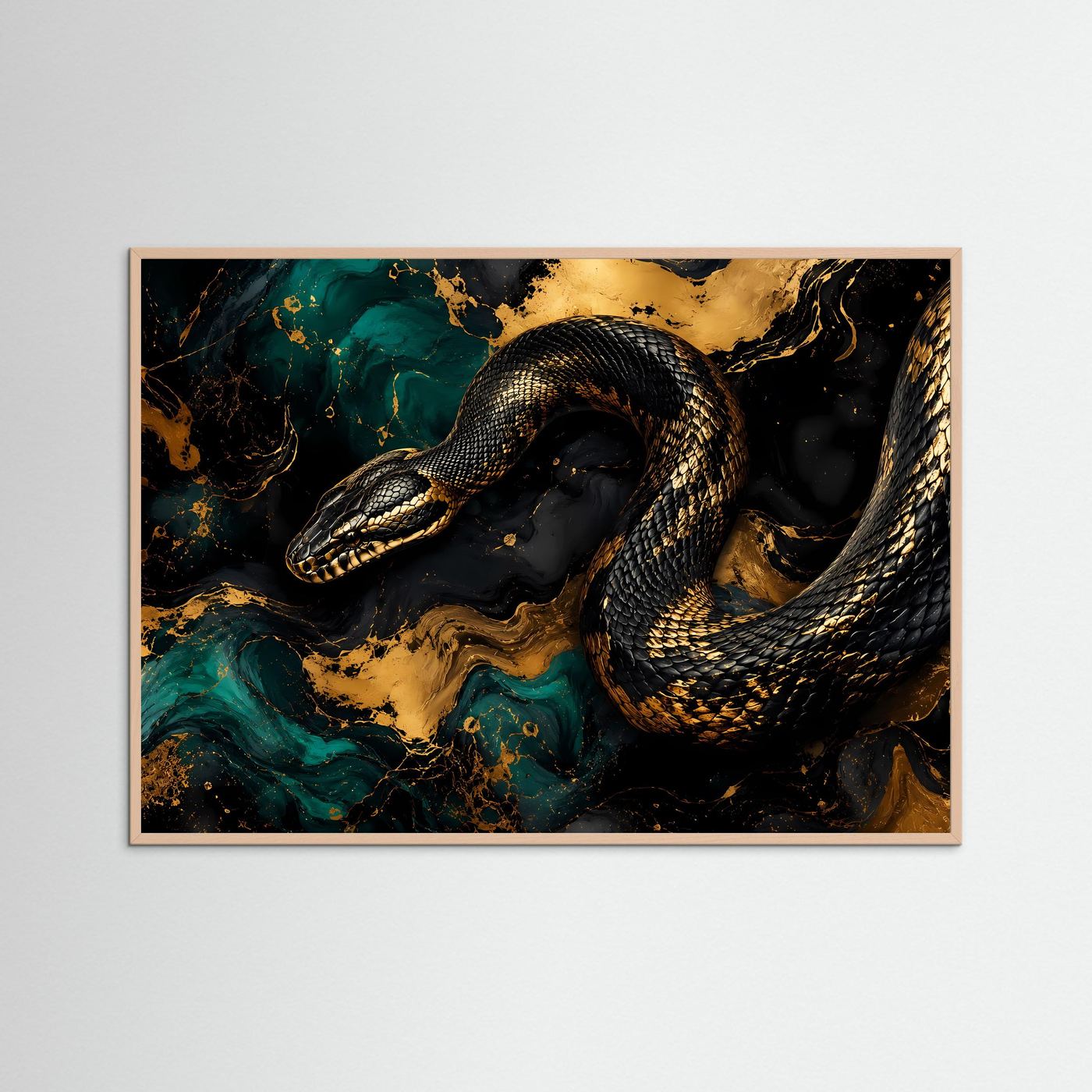 Majestätische Schlange in Gold & Schwarz | Modernes Wandbild mit Fluid Art & Tier-Motiv