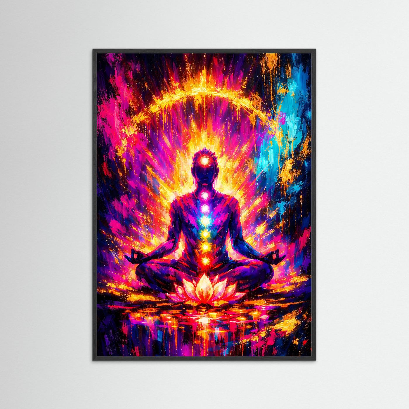 Meditationsposter mit sitzender Figur im Lotussitz, Aura-Kreis und Lotusblüte, schwarzer Rahmen