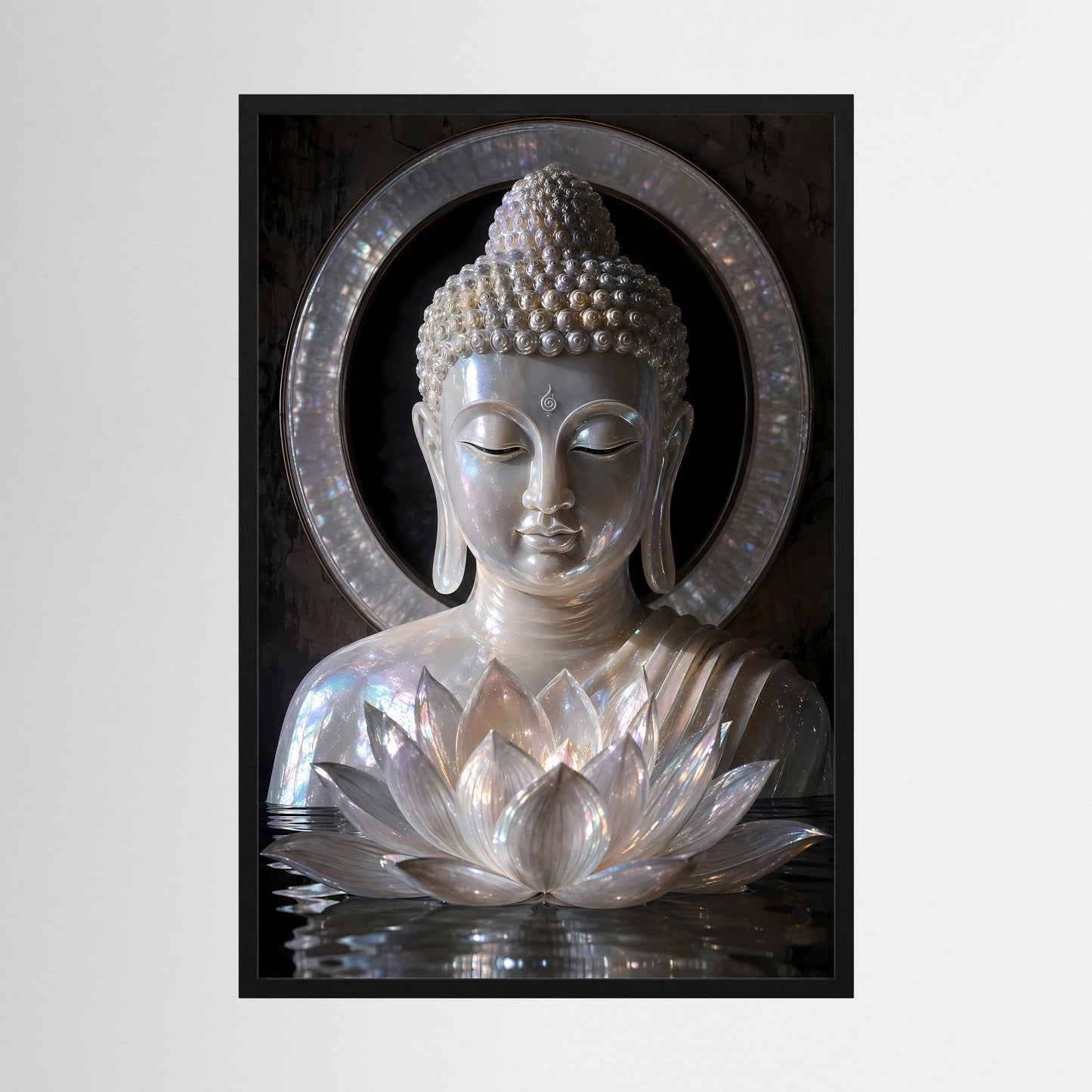 Wandposter mit silbernem Buddha im Kreis und Lotusblüten, schwarzer Rahmen, Hochformat