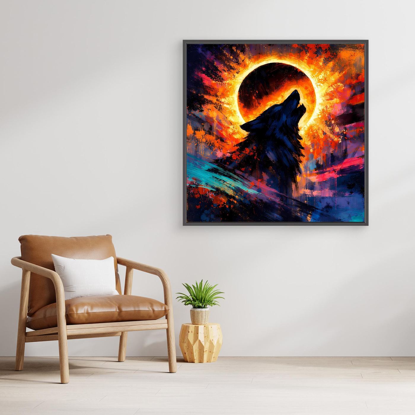 Leinwand-Wandbild mit heulendem Wolf in dunkler Silhouette vor leuchtender Sonnenfinsternis