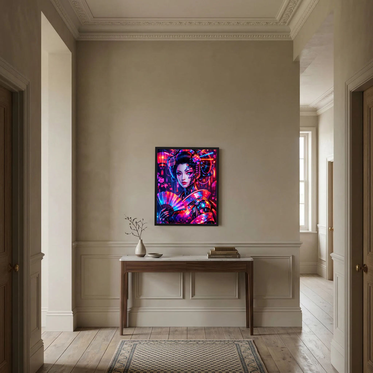 Gerahmtes Neon-Kunstposter mit Cyber-Geisha an Säulenwand, mittig platziert