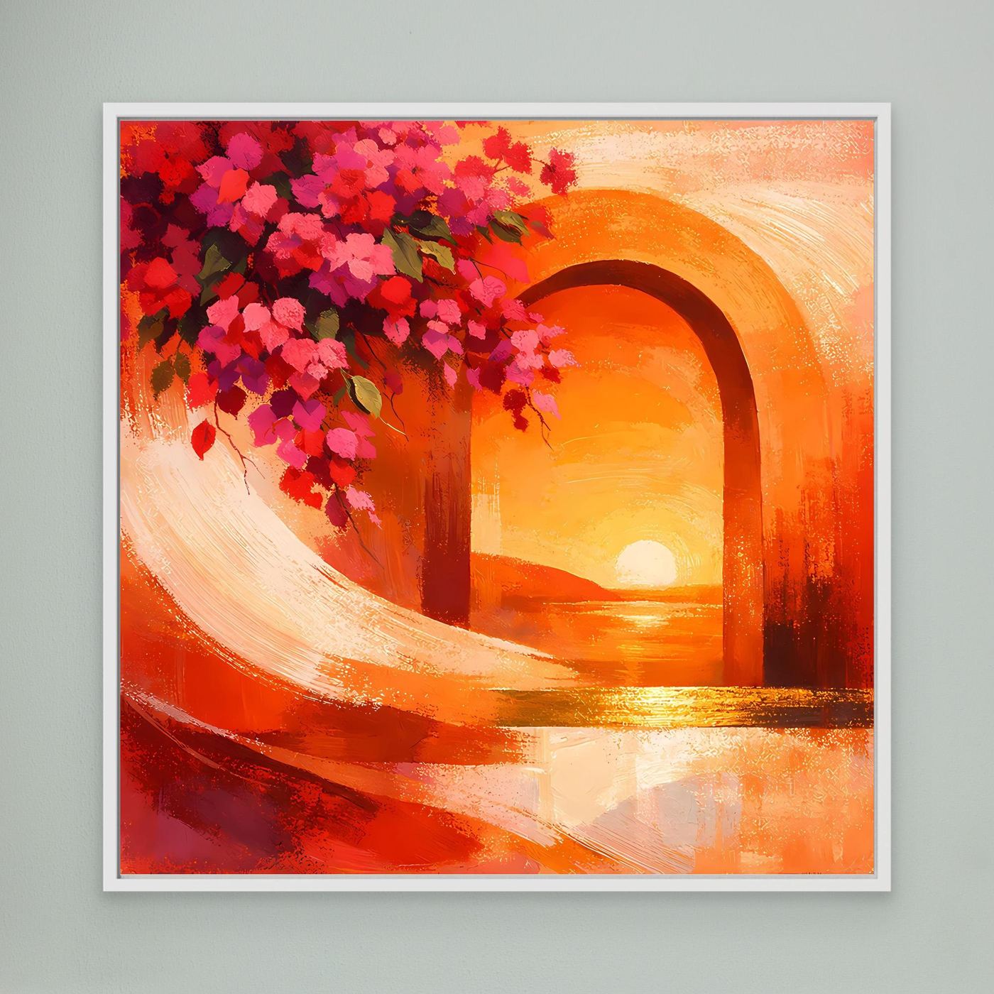 Leinwandbild: orangefarbener Torbogen mit pinken Blüten und Sonnenuntergang, weiß gerahmt