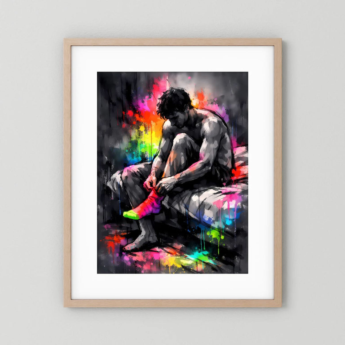 Wandbild im Hochformat: Mann zieht Socken an, abstrakte Neon-Farbexplosion, heller Holzrahmen.
